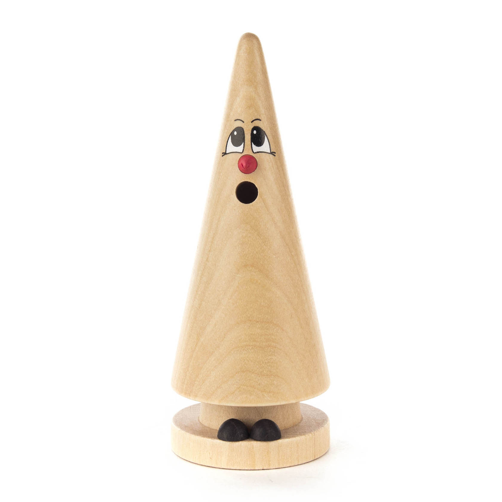 Holzräucherfigur in Form eines Kegels mit aufgemaltem Gesicht und schwarzem Füßen. im Dregeno Online Shop günstig kaufen