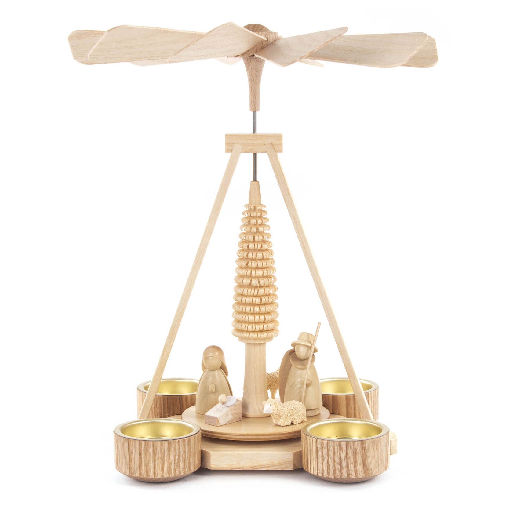 Holzpyramide für Teelichter mit Christi Geburt-Szene, Figuren von Maria, Josef, das Christkind in einer Krippe und ein Hirte unter einem Holzrotor. im Dregeno Online Shop günstig kaufen