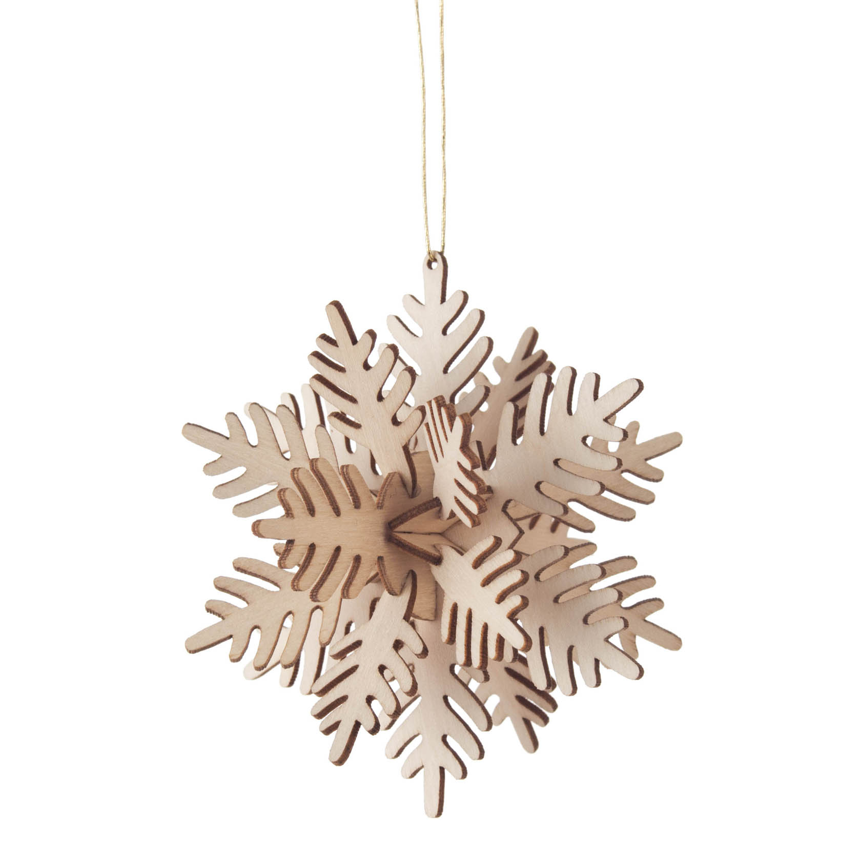 Holzanhänger in Form einer Schneeflocke mit feinen, symmetrischen Verästelungen, aufgehängt an einer Schnur. im Dregeno Online Shop günstig kaufen