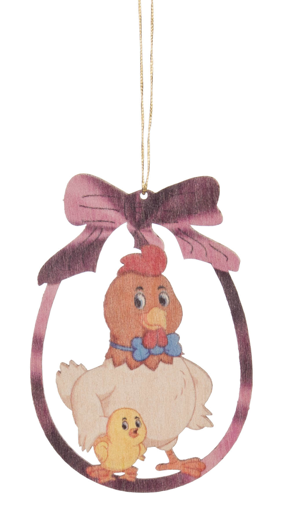 Eine Illustration einer Henne mit blauem Kragen und einem kleinen gelben Küken in einem Rahmen aus rosa Schleife. im Dregeno Online Shop günstig kaufen