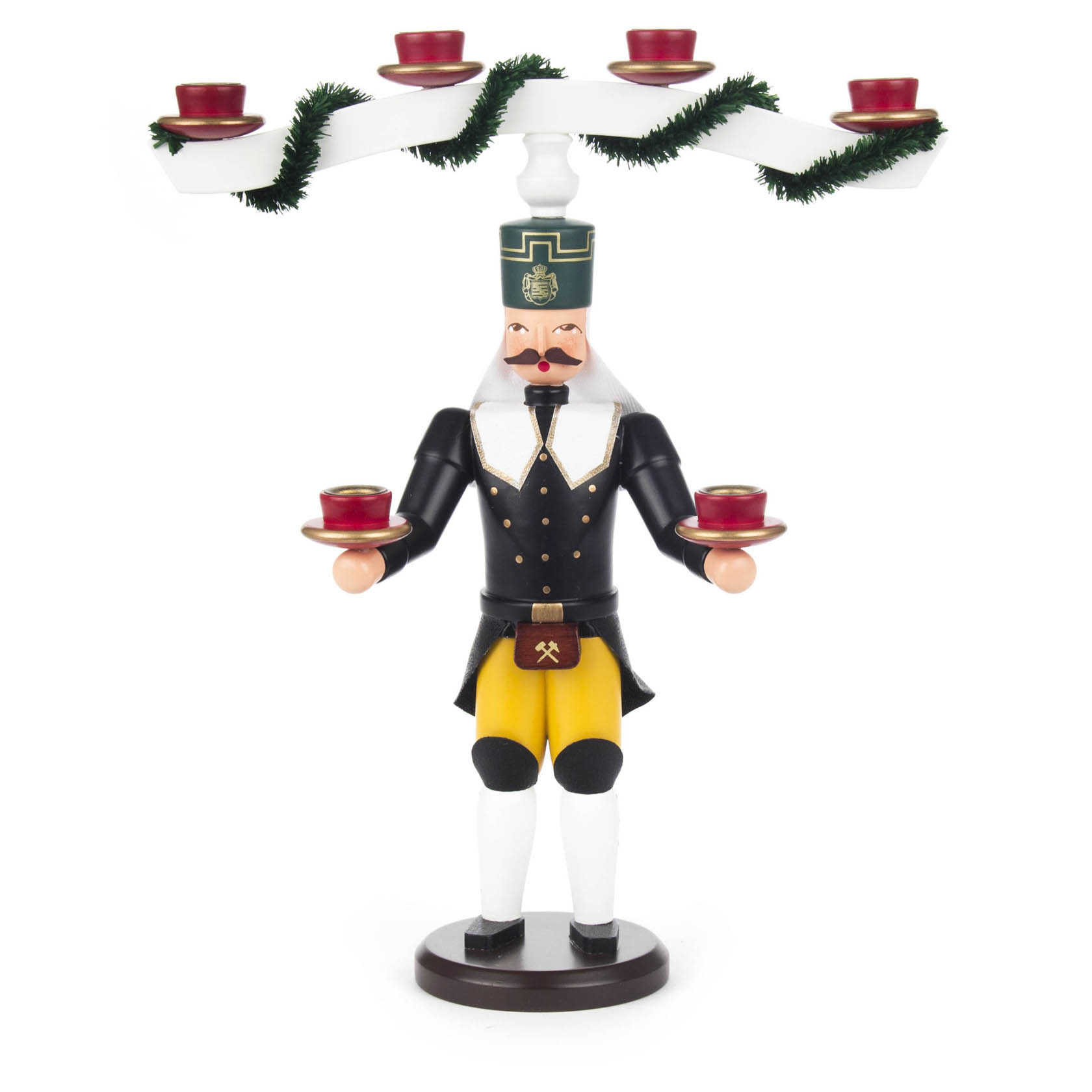Traditionelle erzgebirgische Holzfigur eines Bergmanns, der ein Joch mit fünf Kerzenhaltern trägt, gekleidet in schwarzem Gehrock und gelben Hosen. im Dregeno Online Shop günstig kaufen
