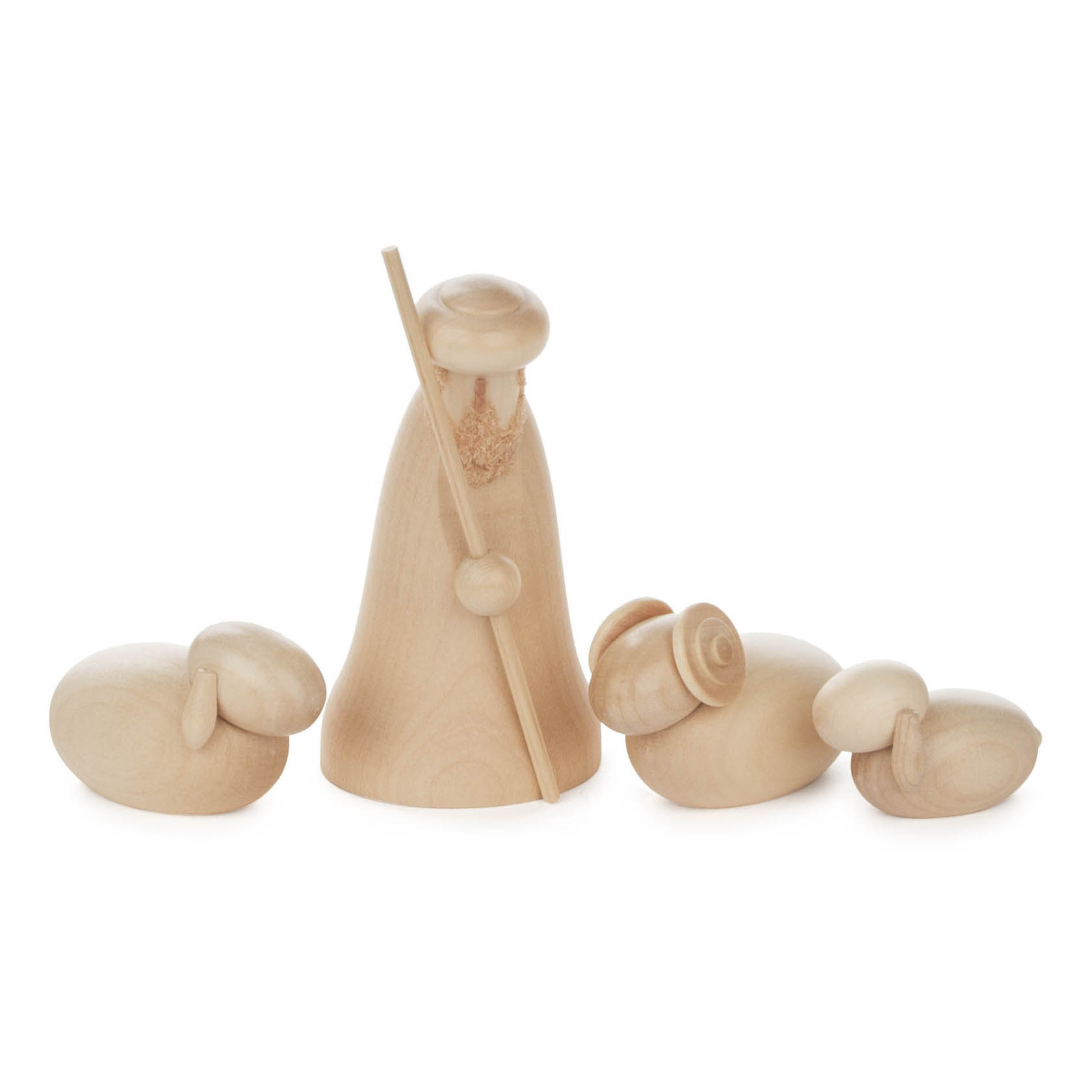 Holzschnitzerei einer Hirtengruppe mit einem stehenden Hirten mit Stab und drei Schafen in natürlichen Holzfarben. im Dregeno Online Shop günstig kaufen