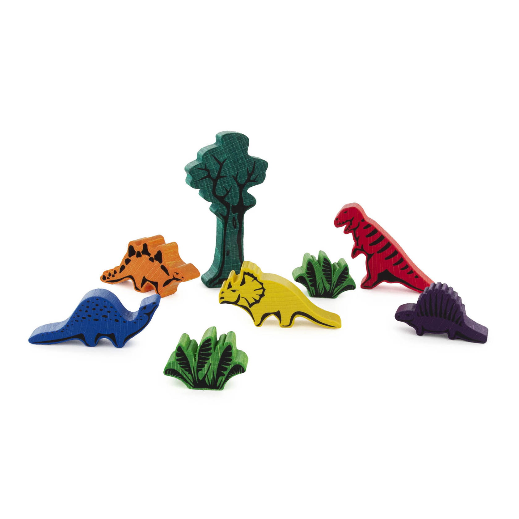Verschiedene bunte Dinosaurierfiguren, darunter ein blaues, orangenes, gelbes, lilafarbenes und rotes Modell, umgeben von grünen Pflanzenelementen. im Dregeno Online Shop günstig kaufen