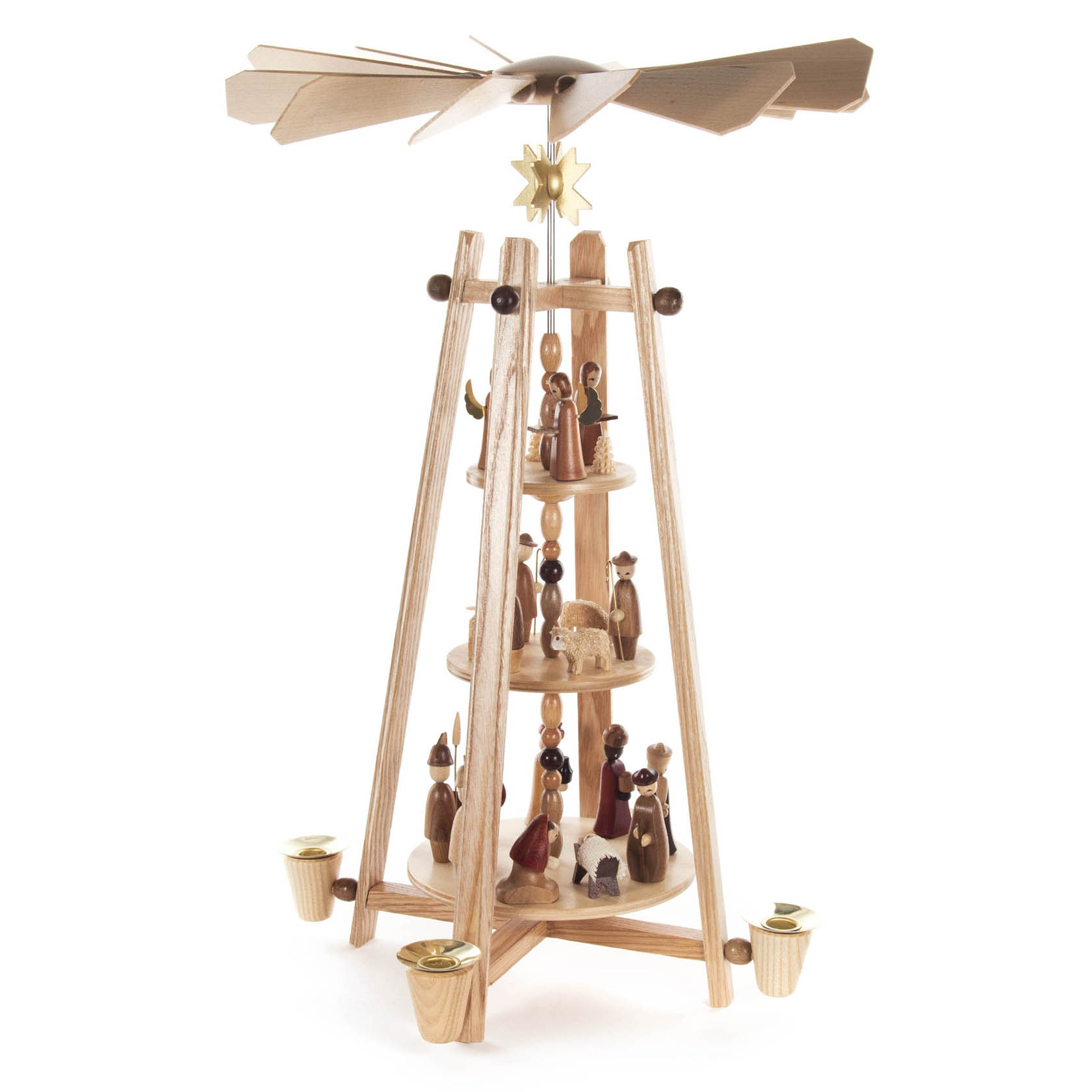 Dreistufige Holzstabpyramide mit Darstellungen der Geburt Christi. Auf jeder Ebene sind Figuren aus Holz, darunter die Heilige Familie, Hirten und Tiere.