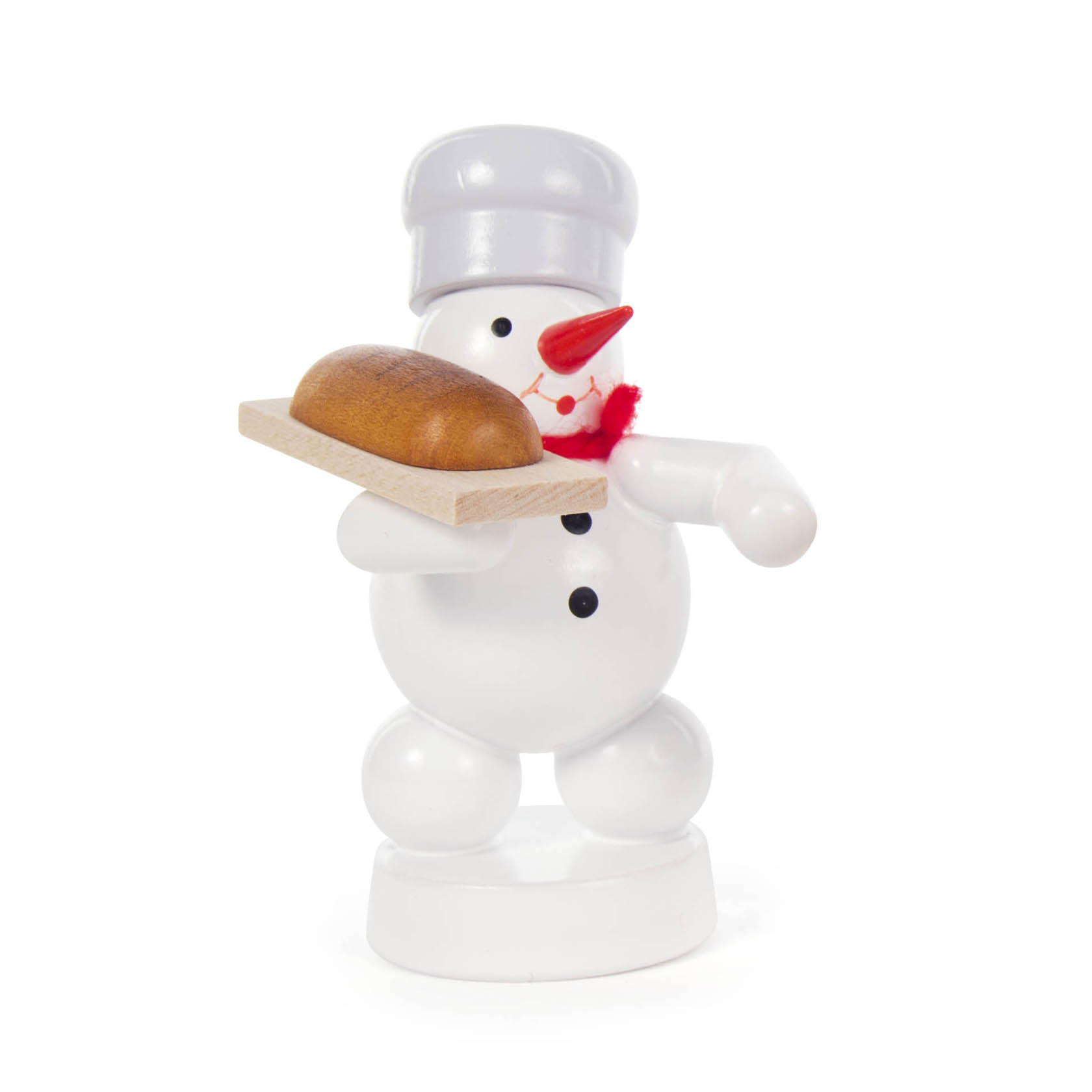 Schneemannfigur mit Bäckermütze, roten Schal und Karottennase, hält ein Brot auf einem Holzbrett. im Dregeno Online Shop günstig kaufen
