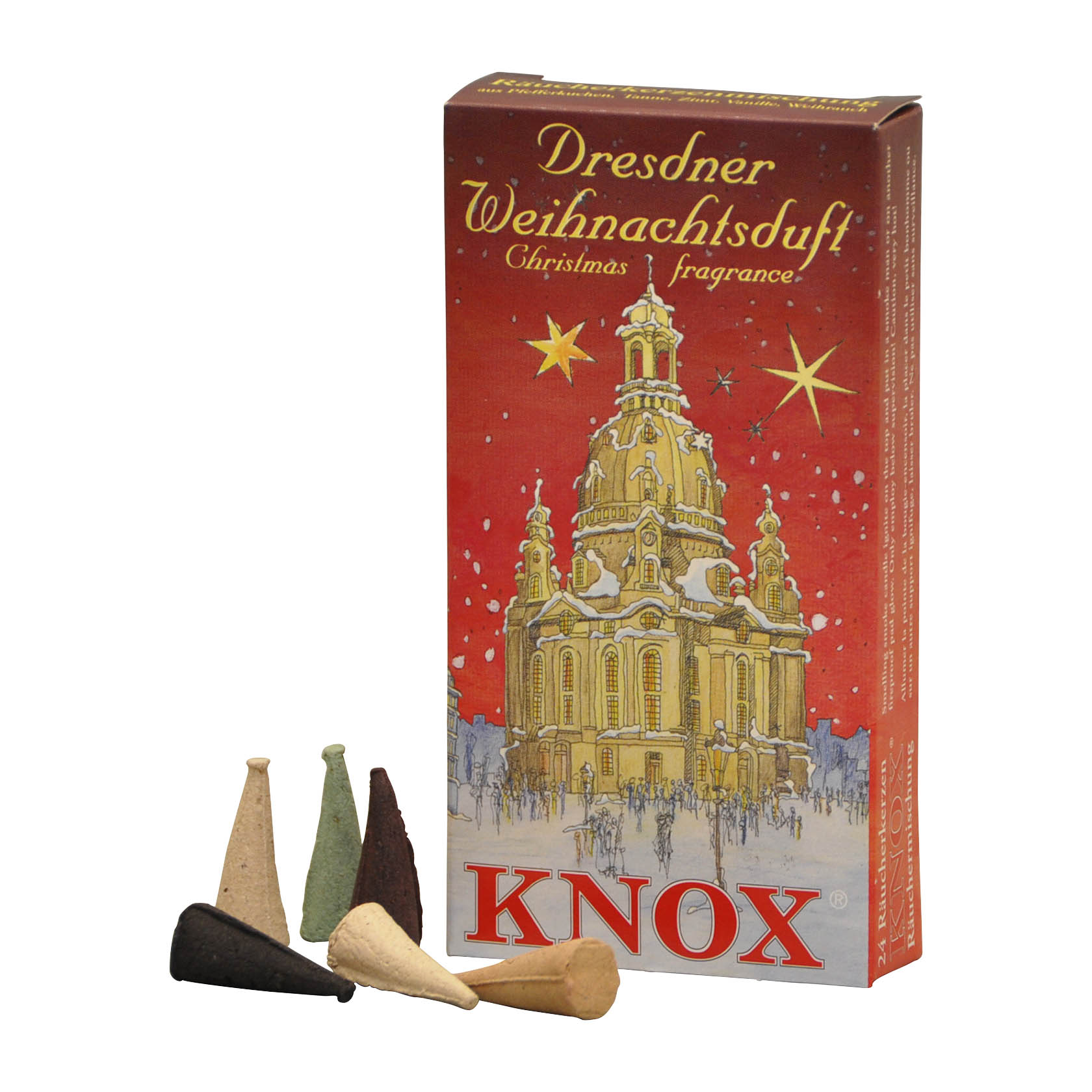 KNOX incense cones in various colors with packaging showing a winter scene and the words 'Dresdner Weihnachtsduft'. im Dregeno Online Shop günstig kaufen