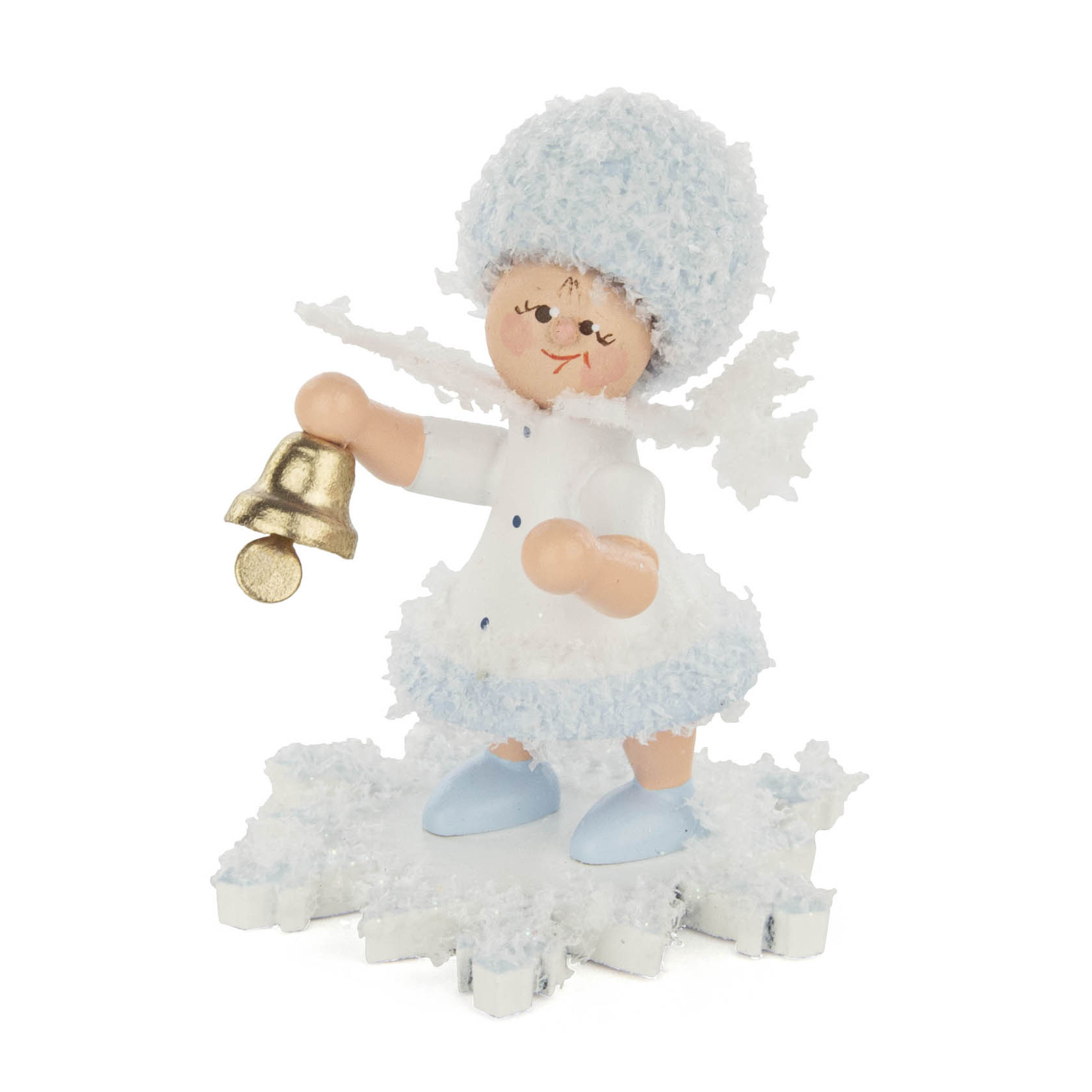 A small snowflake figurine with a smiling face, wearing a fluffy hat and dress, holding a golden bell, standing on a snowflake base. im Dregeno Online Shop günstig kaufen