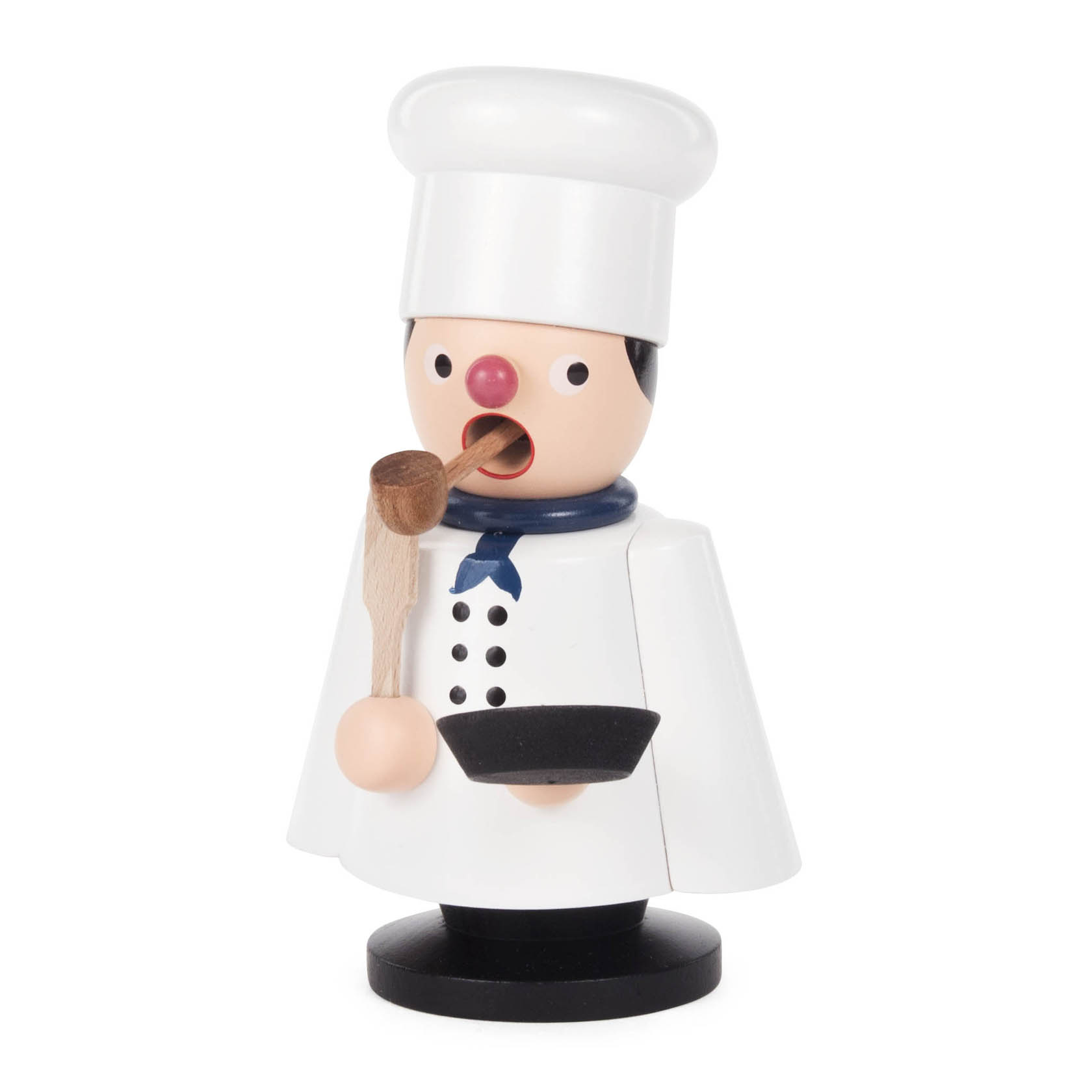 Ein Räuchermann in Form eines Kochs, der einen Kochhut trägt und eine schwarze Pfanne sowie einen Kochlöffel in den Händen hält. im Dregeno Online Shop günstig kaufen
