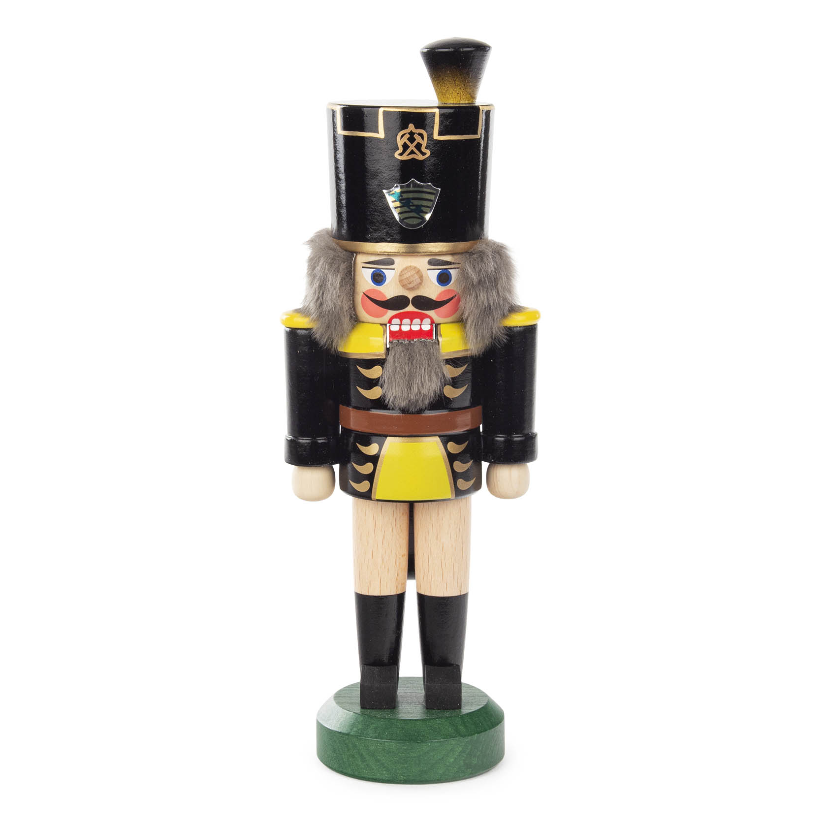 Traditional nutcracker in the shape of a miner, dressed in black, yellow, and natural colors, with a tall hat and faux fur beard. im Dregeno Online Shop günstig kaufen