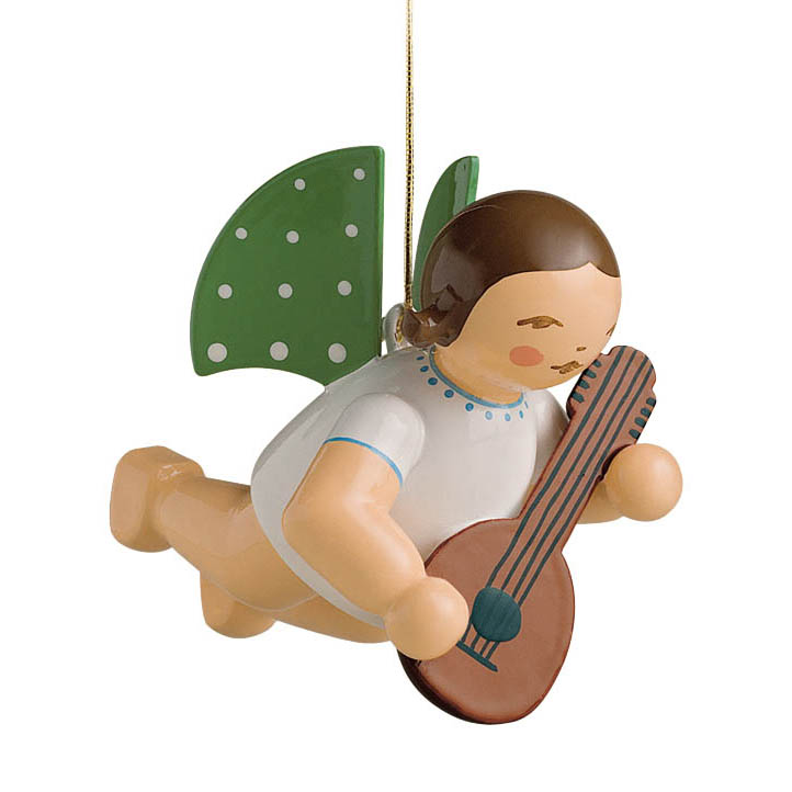 Holzfigur eines fliegenden Engels mit braunem Haar, grünen Flügeln mit weißen Punkten und einer Mandoline in den Händen. im Dregeno Online Shop günstig kaufen