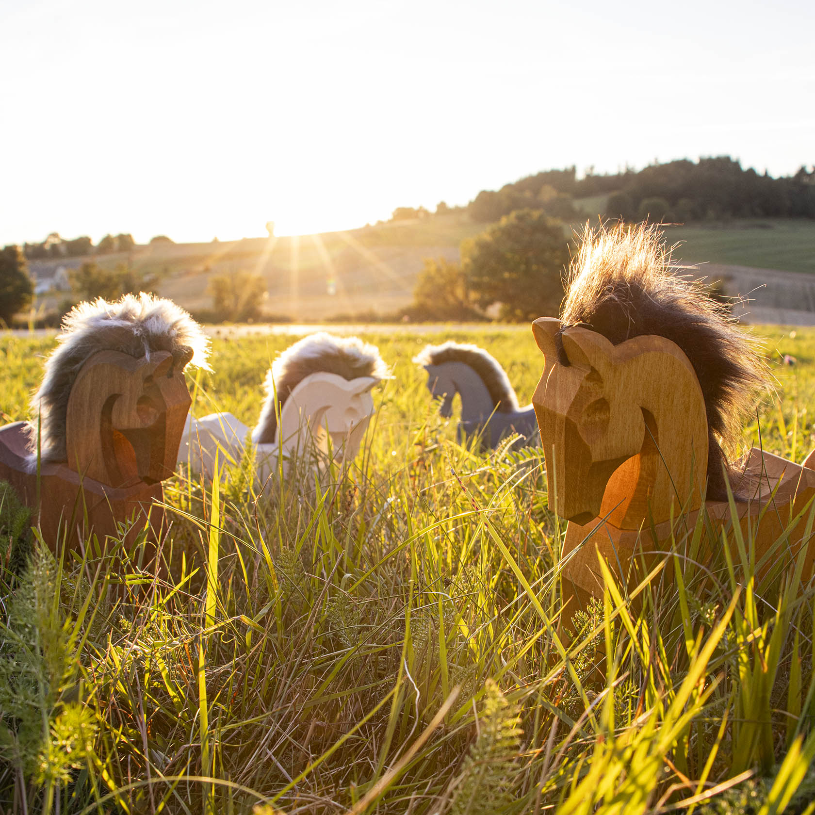 Four wooden horse figures in a grassy field, bathed in sunlight. The front horse is yellow with a brown mane.
