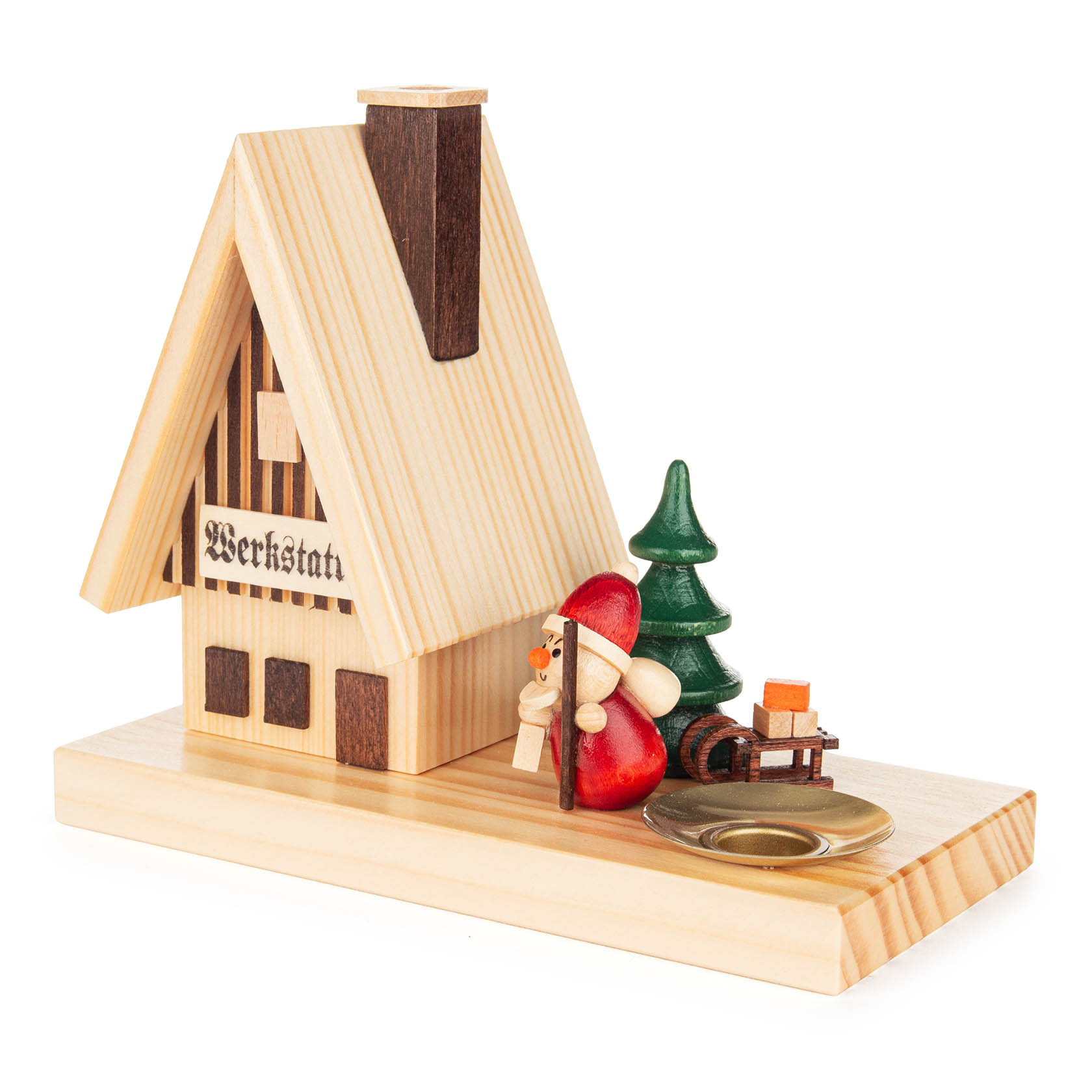 Räucherhaus Werkstatt mit Weihnachtsmann und Kerzenhalter für Kerze d=14mm