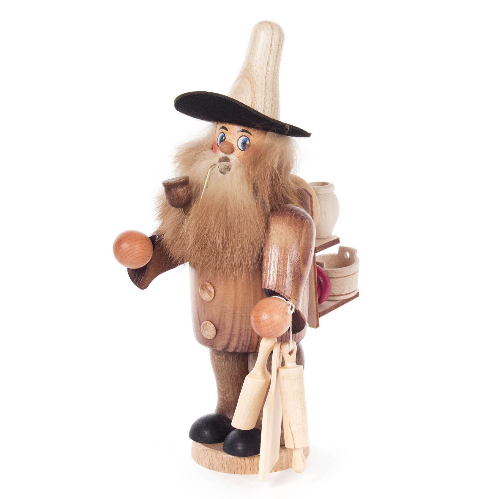 Ein traditioneller Räuchermann, dargestellt als Holzwarenhändler. Er trägt einen langen Bart, einen Hut und hält Taschen mit Holzartikeln. im Dregeno Online Shop günstig kaufen