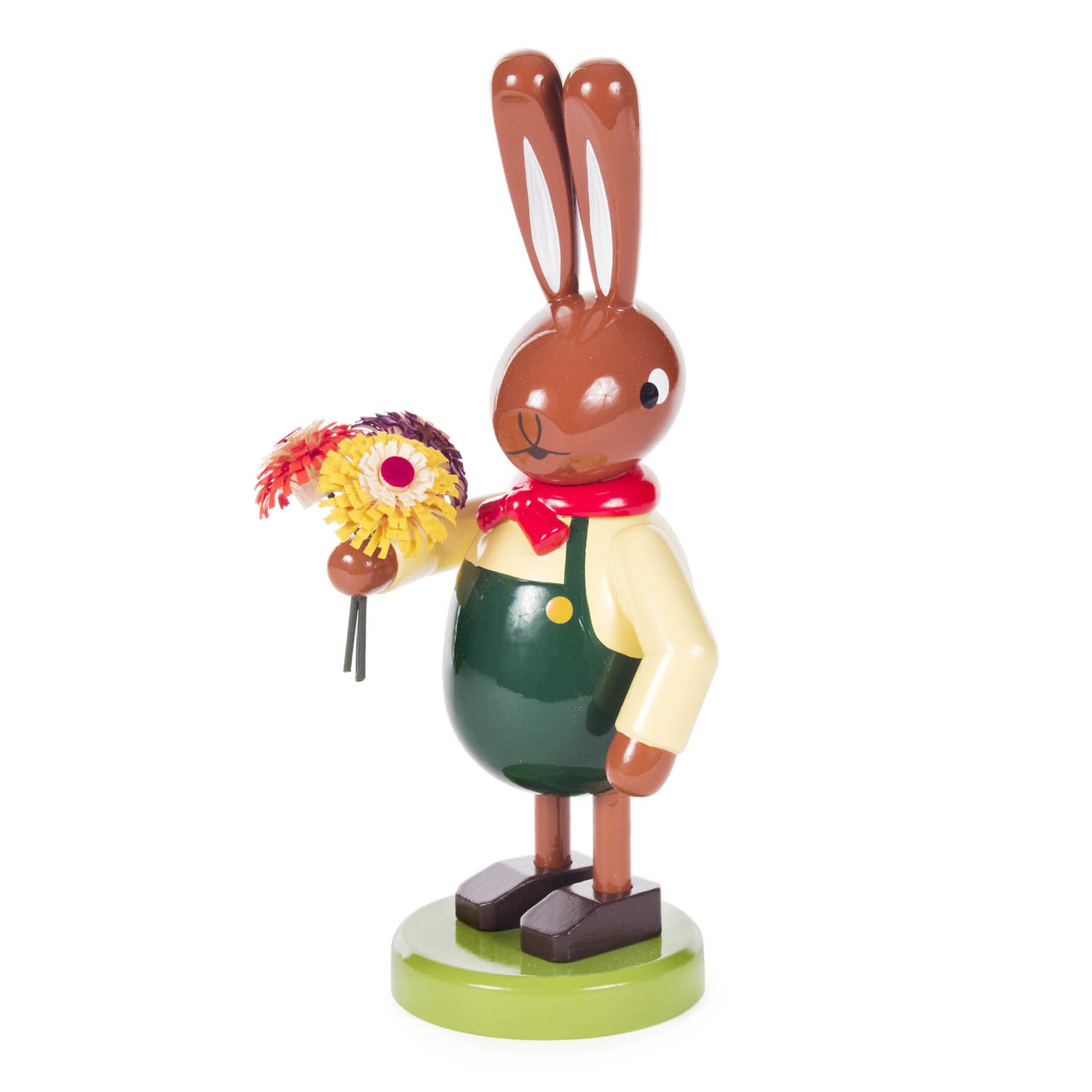 Holzhase mit rotem Halstuch, gelbem Hemd und grüner Hose hält bunten Blumenstrauß in der rechten Hand. im Dregeno Online Shop günstig kaufen
