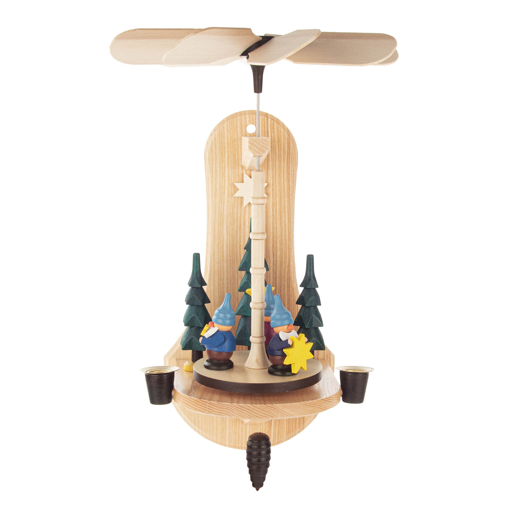 Holzpyramide mit drehbaren Flügeln und vier bunten Zwergfiguren um einen Baum, geeignet für 14mm Wachskerzen. im Dregeno Online Shop günstig kaufen