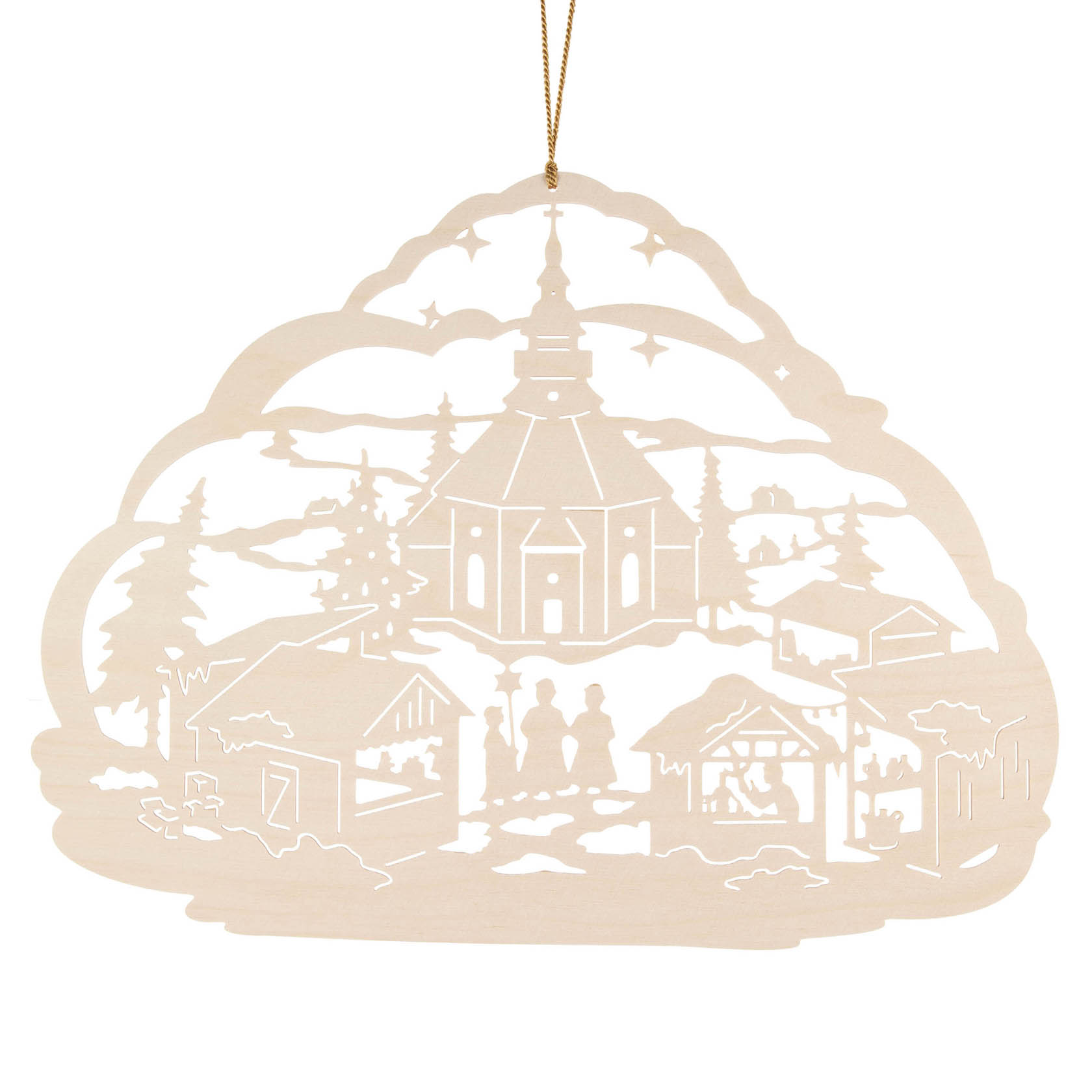 Holzfensterbild des Seiffener Weihnachtsmarktes zeigt eine Kirche im Hintergrund und Marktstände mit Figuren im Vordergrund, alles in filigranem Design. im Dregeno Online Shop günstig kaufen