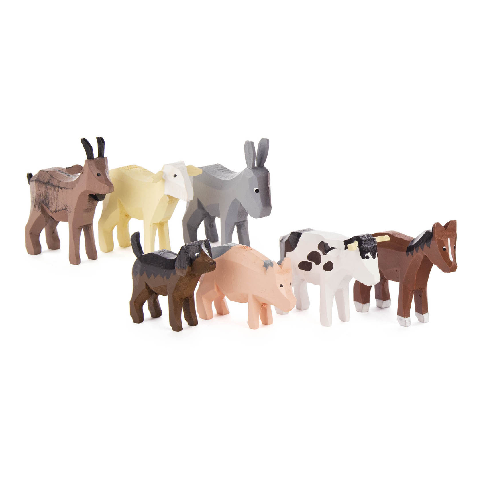 Sieben farbige Holztiere als Haustiere: zwei Ziegen, ein Schaf, ein Esel, ein Schwein, eine Kuh und ein Pferd. im Dregeno Online Shop günstig kaufen