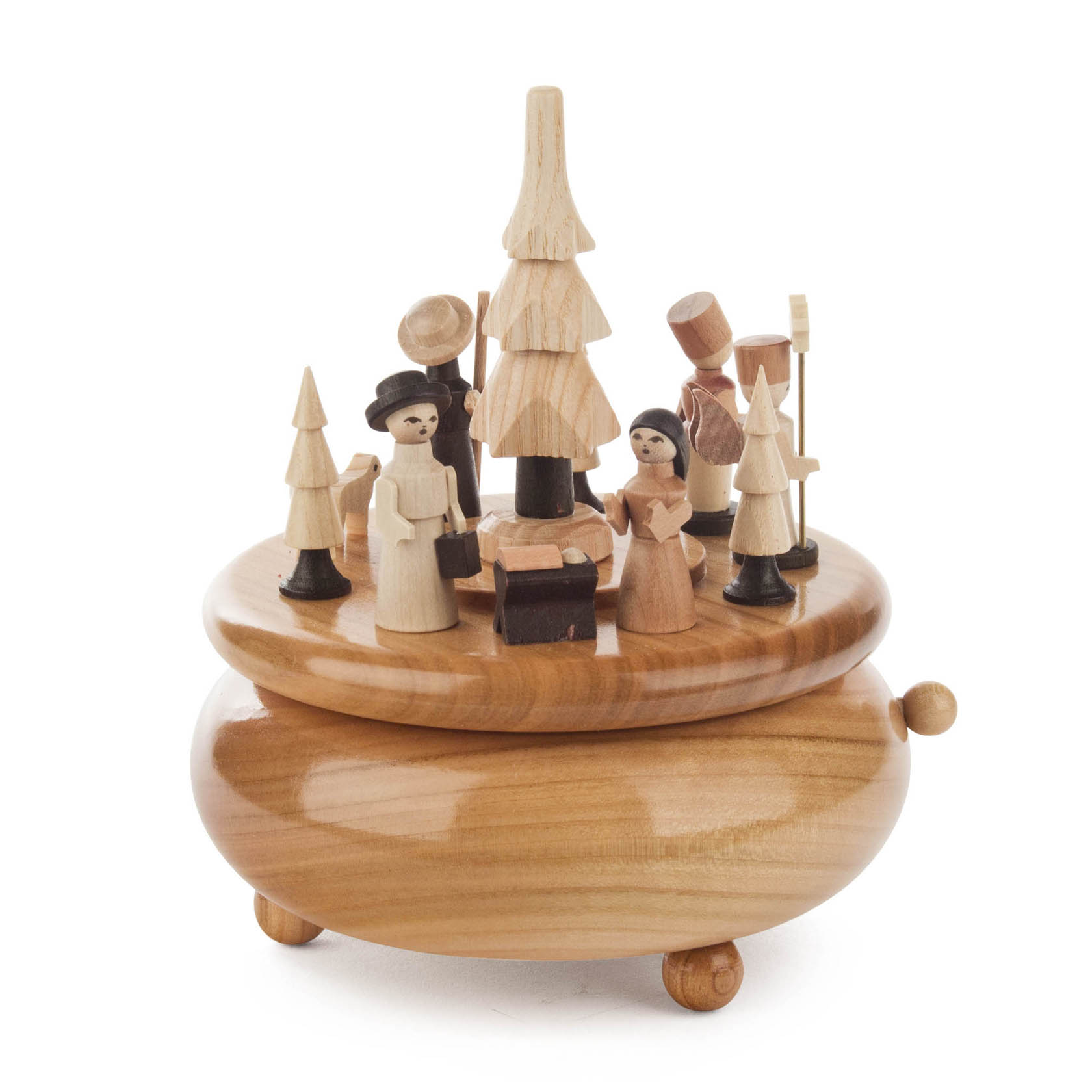 Runde Holzspieldose mit Krippefiguren und Bäumen, zentral großer Baum, Melodie 'O Du Fröhliche' im Dregeno Online Shop günstig kaufen