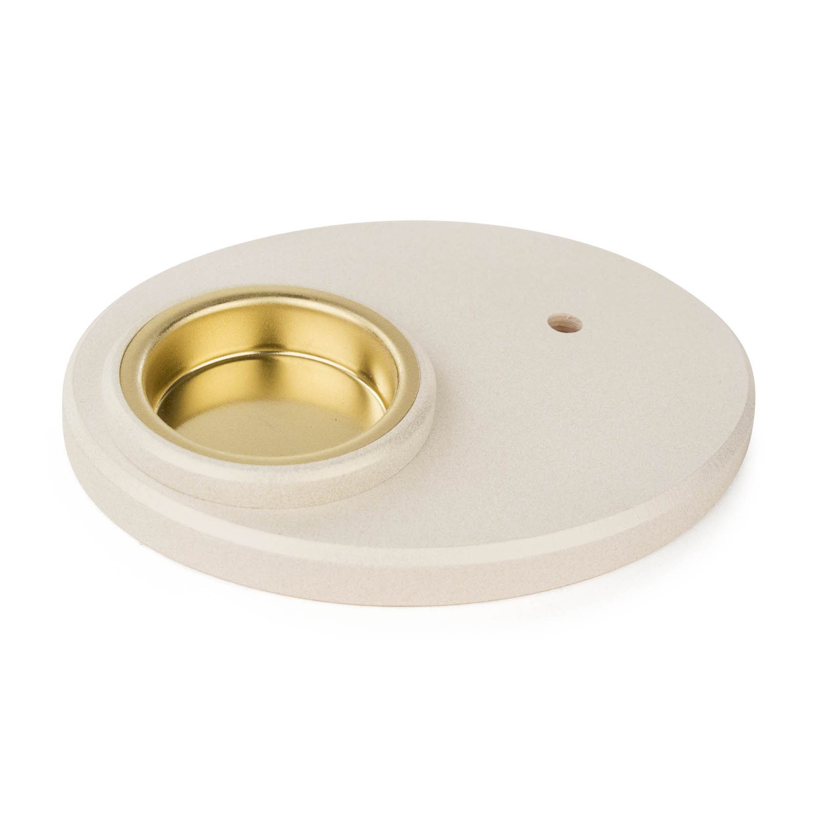 Ein runder, weißer Teelichtsockel mit einer goldenen Halterung für ein Teelicht. Der Sockel hat eine glatte Oberfläche mit einer kleinen Bohrung. im Dregeno Online Shop günstig kaufen