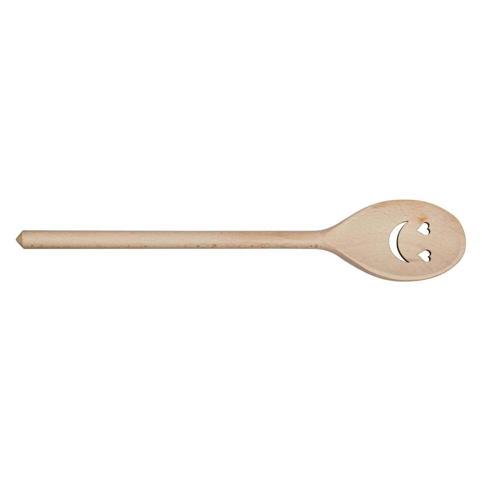Holzkochlöffel mit ovalem Kopf, eingraviertem Smiley mit Herzaugen, Länge 30 cm. im Dregeno Online Shop günstig kaufen