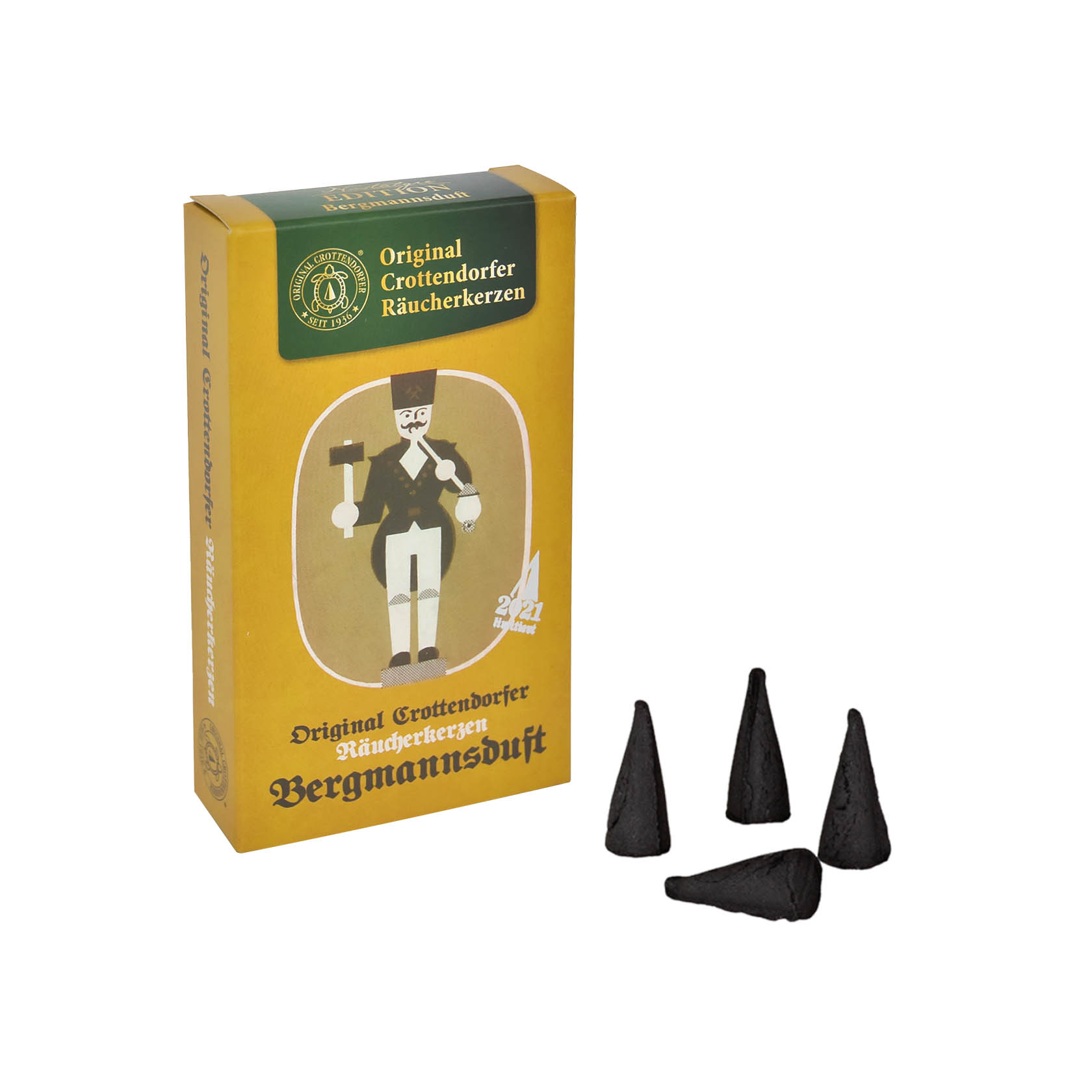 Verpackung der Original Crottendorfer Räucherkerzen mit nostalgischem Bild eines Bergmanns und drei schwarze, konische Räucherkerzen mit Rauch. im Dregeno Online Shop günstig kaufen