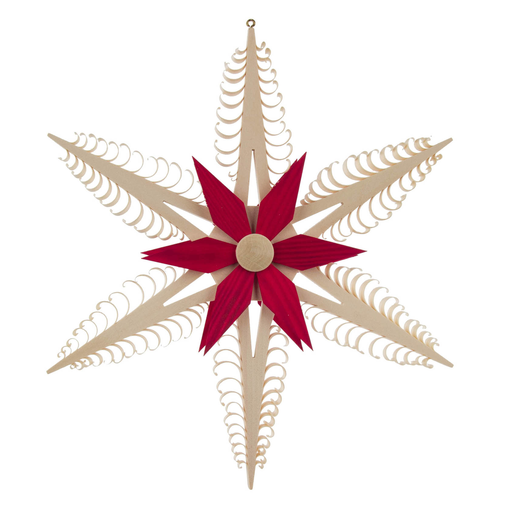 Ein dekorativer Spanstern mit roten und naturfarbenen Elementen. Die Mitte des Sterns ist rot, umgeben von naturfarbenen, kunstvoll geschwungenen Spitzen. im Dregeno Online Shop günstig kaufen