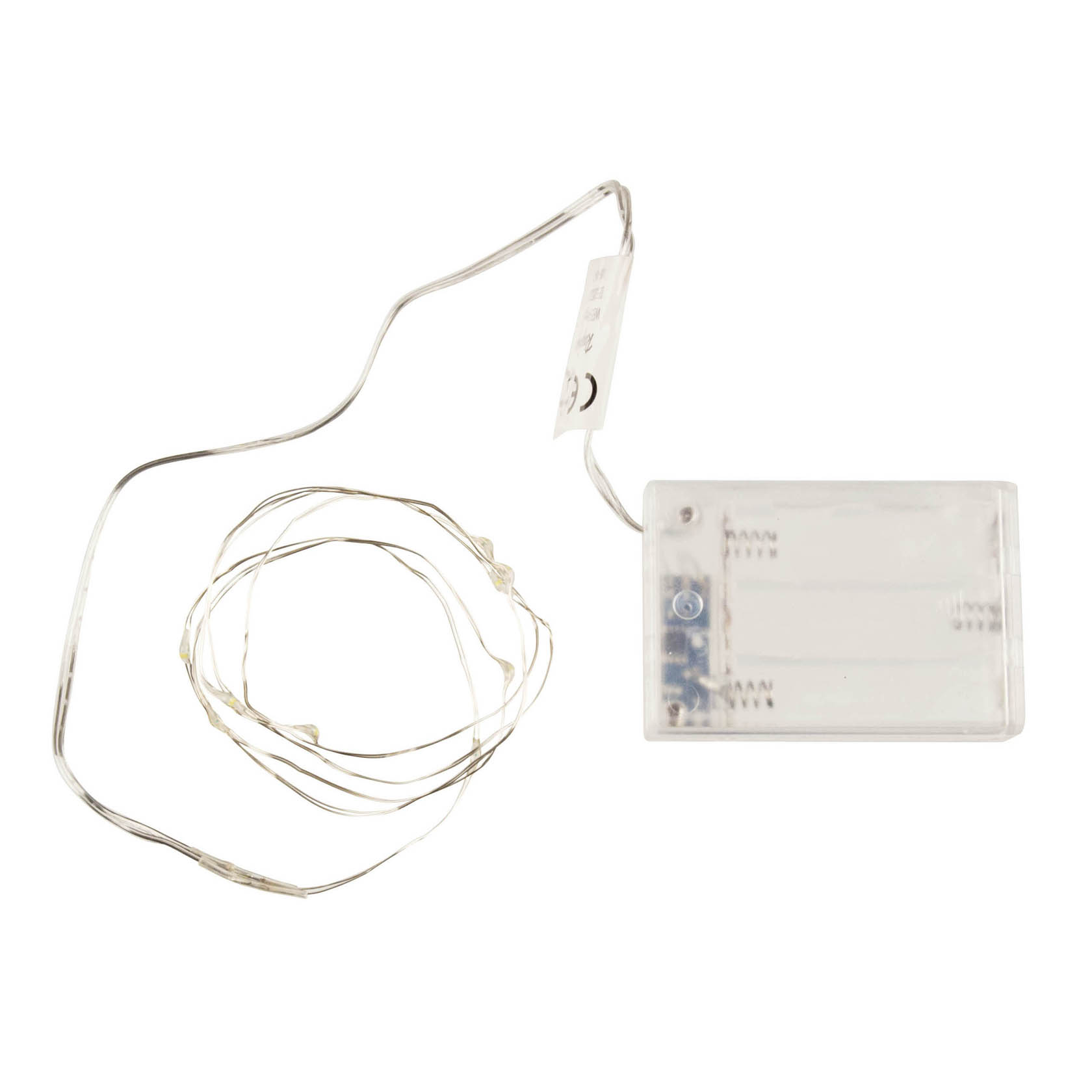 Eine Mini LED-Lichterkette mit 10 LEDs und einem transparenten Batteriefach, ausgestattet mit einem Timer. im Dregeno Online Shop günstig kaufen