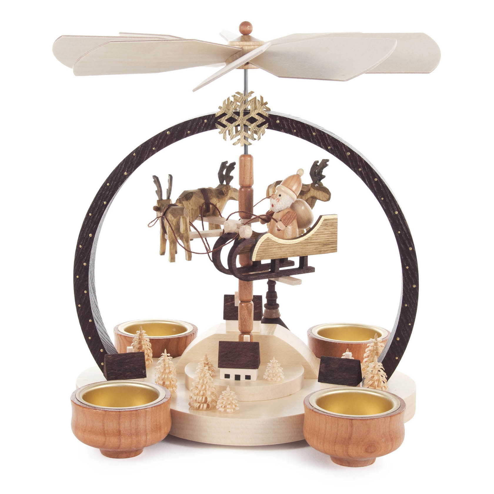 Wooden pyramid decoration with a rotating fan at the top, featuring reindeer pulling a sleigh in the center, surrounded by holders for tealight candles.