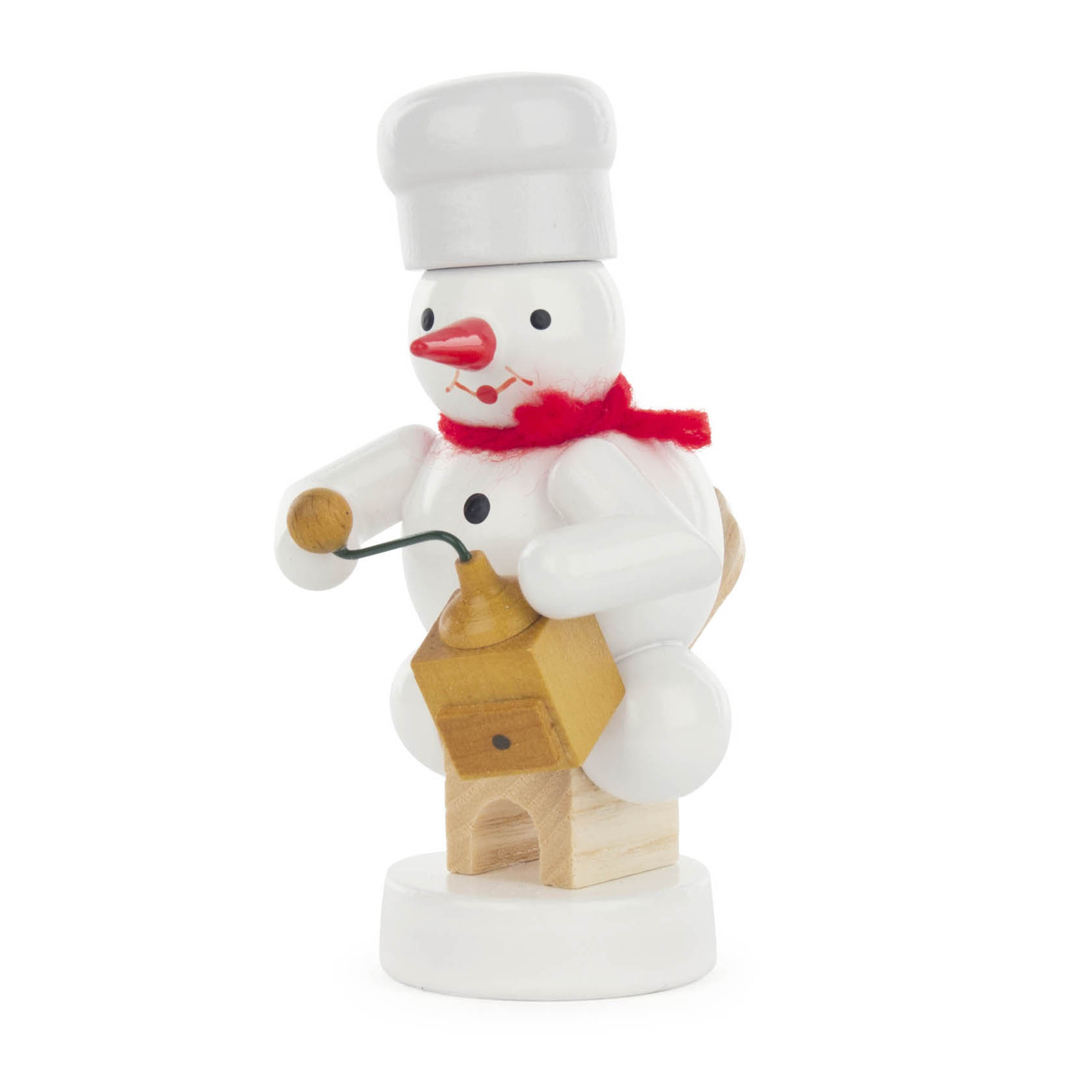 Holzfigur eines Schneemanns mit Bäckermütze, der eine Kaffeemühle in den Händen hält. Der Schneemann hat einen roten Schal und eine Karottennase. im Dregeno Online Shop günstig kaufen