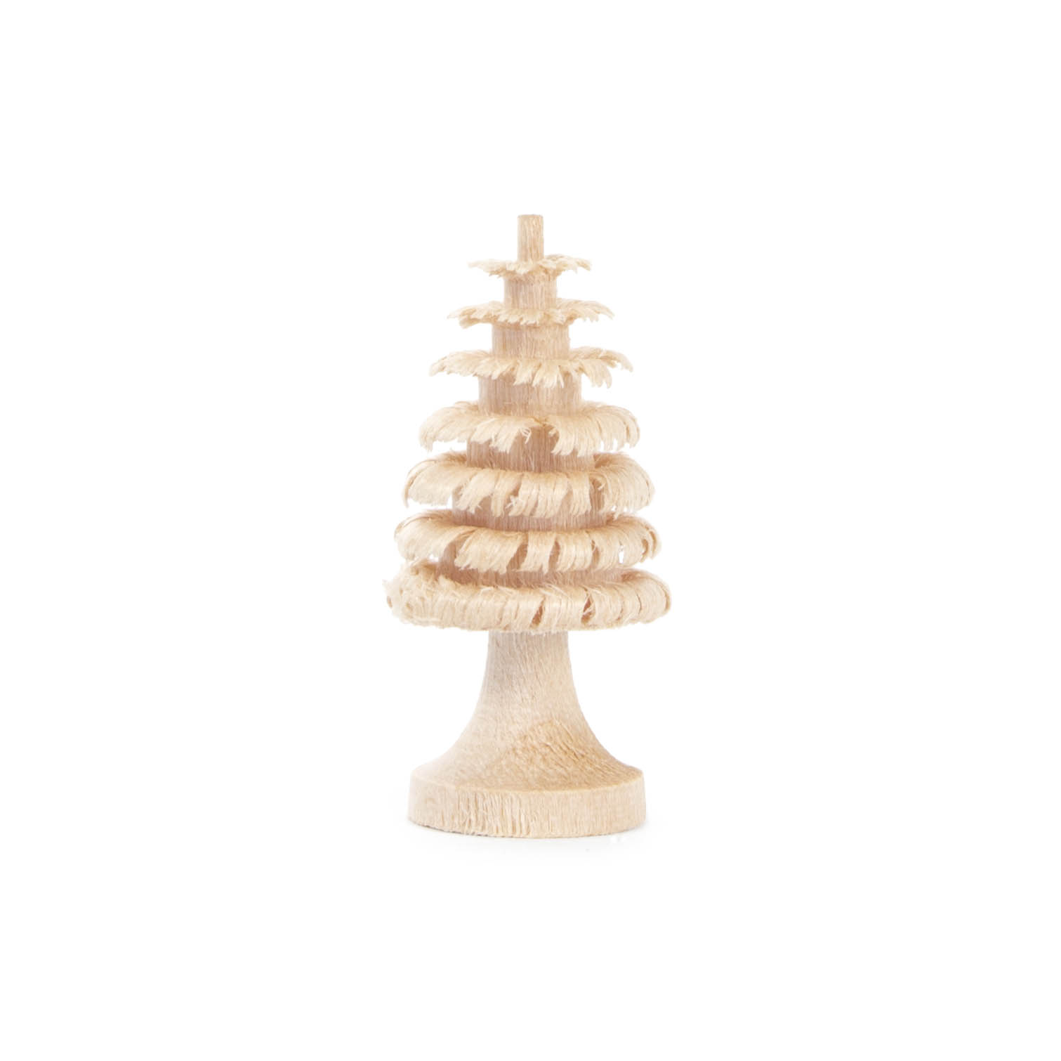 Ein dekorativer, naturbelassener Ringelbaum aus Holz mit einem Stamm, ca. 3 cm hoch, bestehend aus mehreren welligen Holzringen. im Dregeno Online Shop günstig kaufen