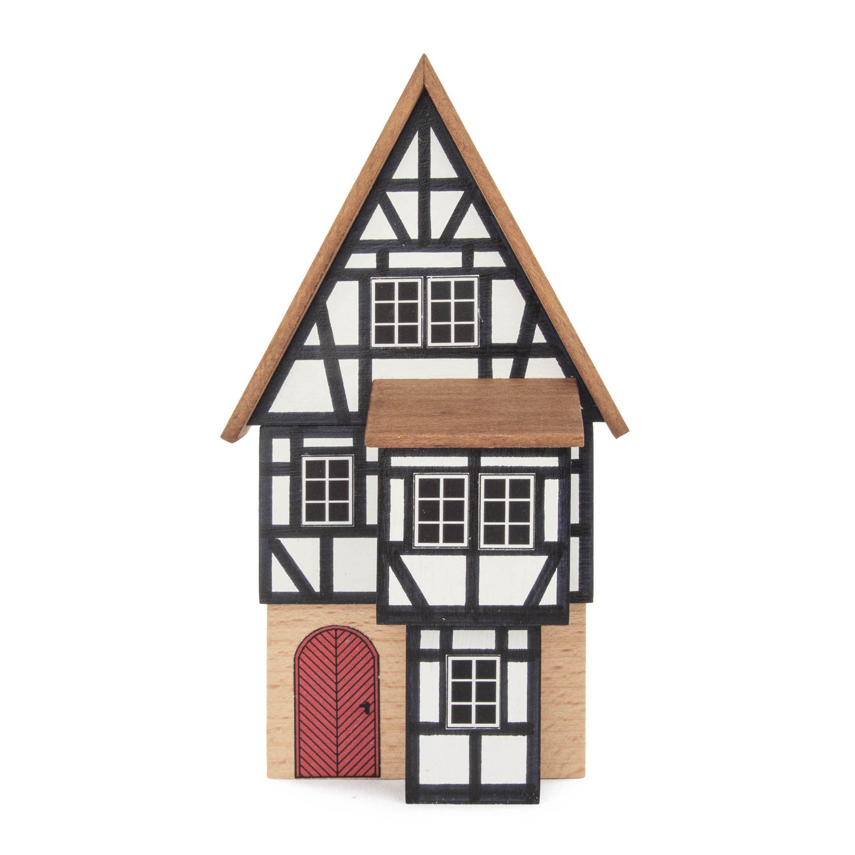 Ein zweistöckiges Fachwerkhaus mit Giebeldach, schwarzem Holz und weißen Wänden, einem roten Eingangstor und drei Fenstern im oberen Stockwerk. im Dregeno Online Shop günstig kaufen