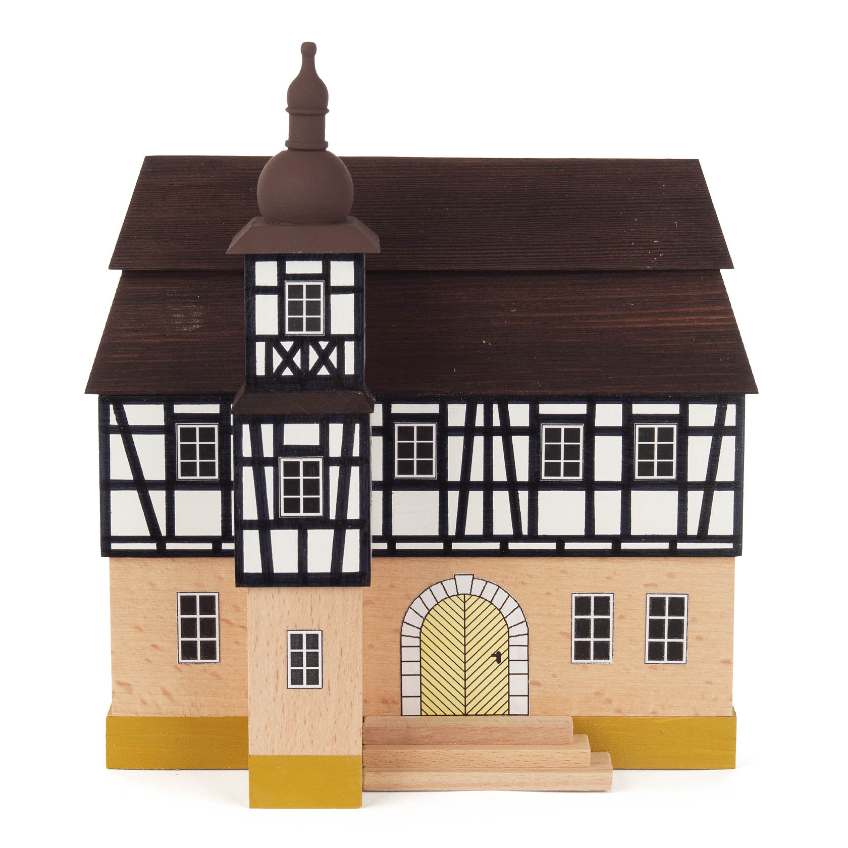Zweistöckiges Fachwerk-Rathaus mit Turm und braunem Dach, Holzbalken an der Fassade und einer Stufen-Eingangstreppe. im Dregeno Online Shop günstig kaufen