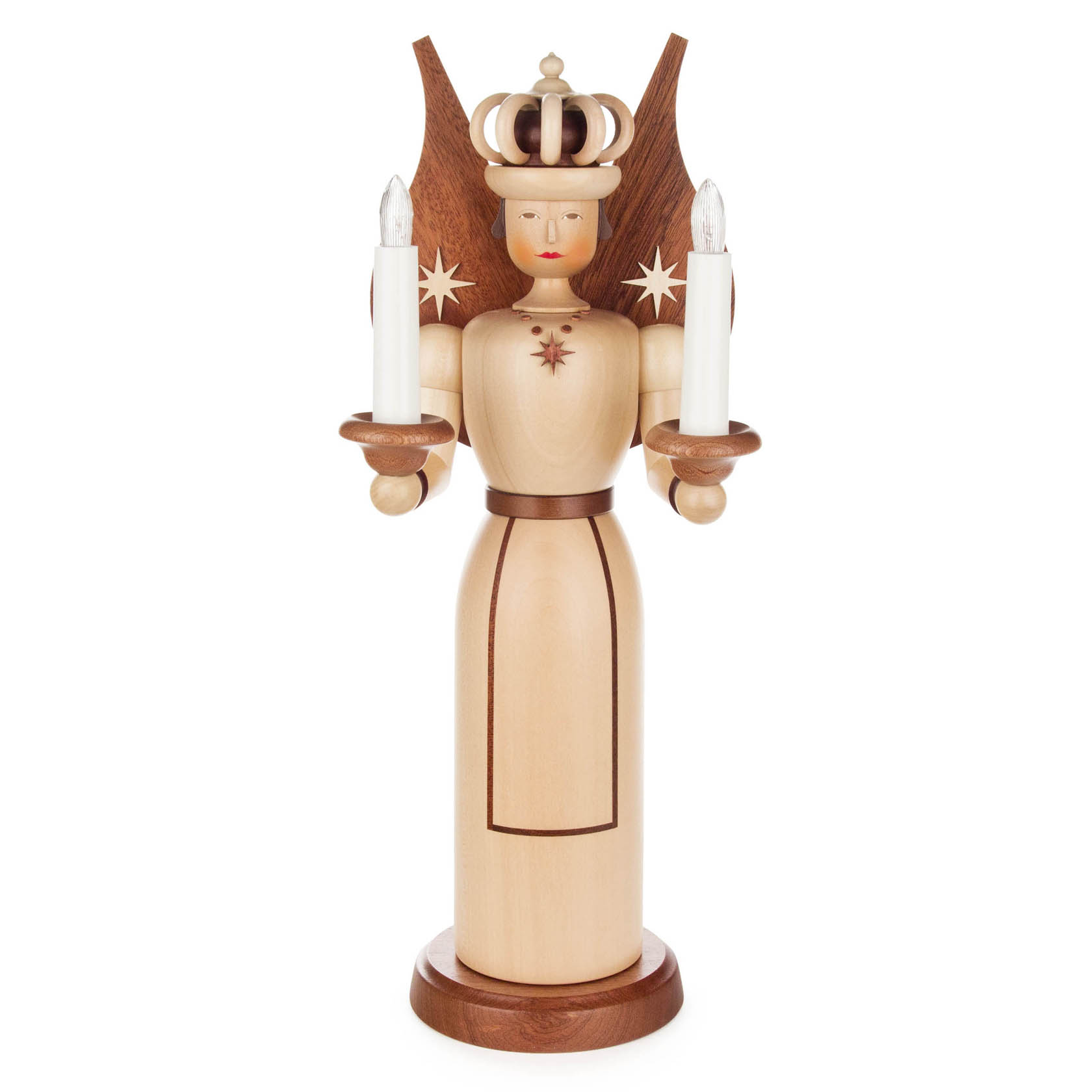 Wooden angel figurine holding two electric candles, adorned with a crown and star decorations. The figure is 40cm tall and operates with a transformer.