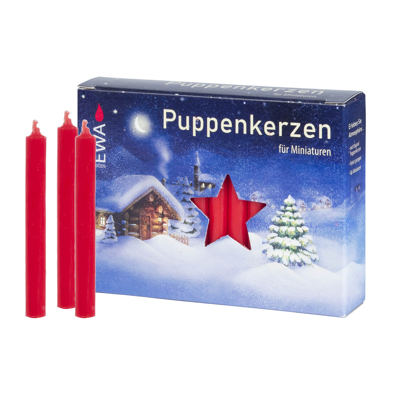 Verpackung von roten Puppenkerzen der Marke JEKA, mit weihnachtlichem Design und drei herausstehenden Kerzen. im Dregeno Online Shop günstig kaufen
