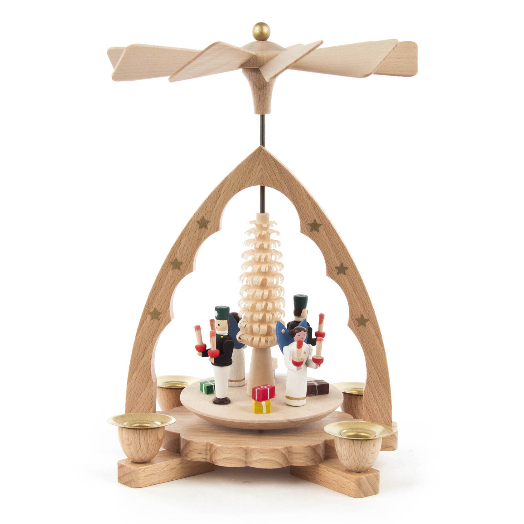 Traditionelle Weihnachtspyramide aus Holz mit Engel, Bergmann, einem Baum in der Mitte und einem Rotorblatt oben, vorgesehen für Kerzen mit 10mm Durchmesser. im Dregeno Online Shop günstig kaufen