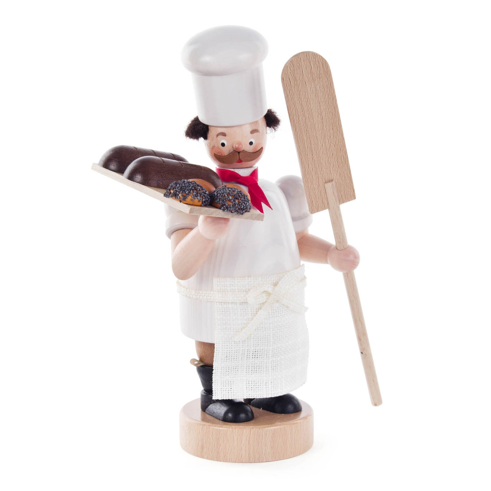 Eine handgefertigte Räuchermann-Figur als Bäcker, mit weißer Kochmütze und Schürze. Hält ein Blech mit Brötchen und einen Brotschieber aus Holz. im Dregeno Online Shop günstig kaufen