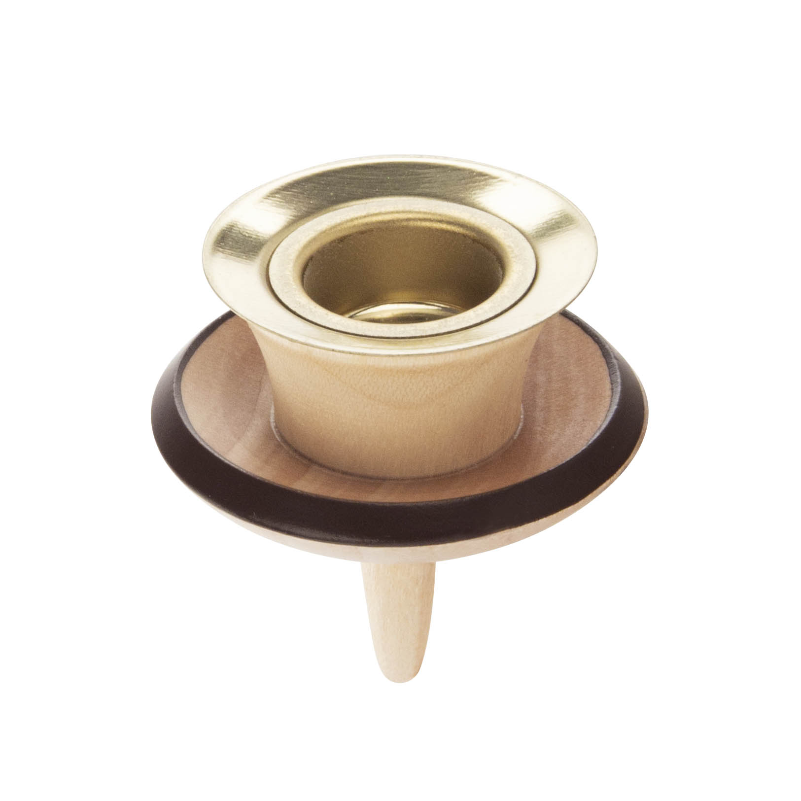 Eine naturfarbene Ersatztülle mit Zapfen und goldenem Messingkragen. Die Tülle passt auf eine Öffnung und hat eine birnenförmige Basis. im Dregeno Online Shop günstig kaufen
