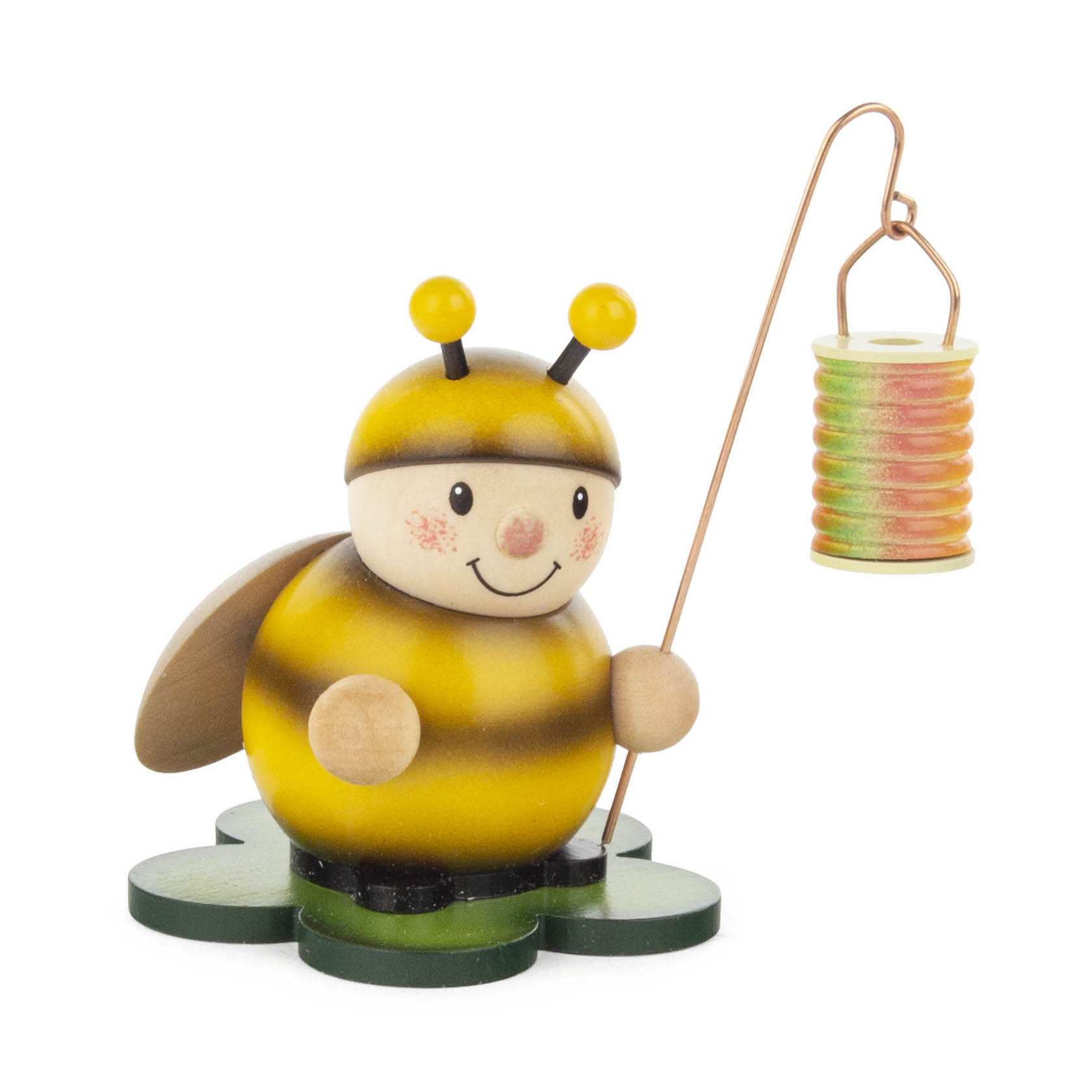 Holzfigur einer lächelnden Biene mit gelb-schwarz gestreiftem Körper, die einen bunten Lampion an einem Kupferdraht hält. im Dregeno Online Shop günstig kaufen