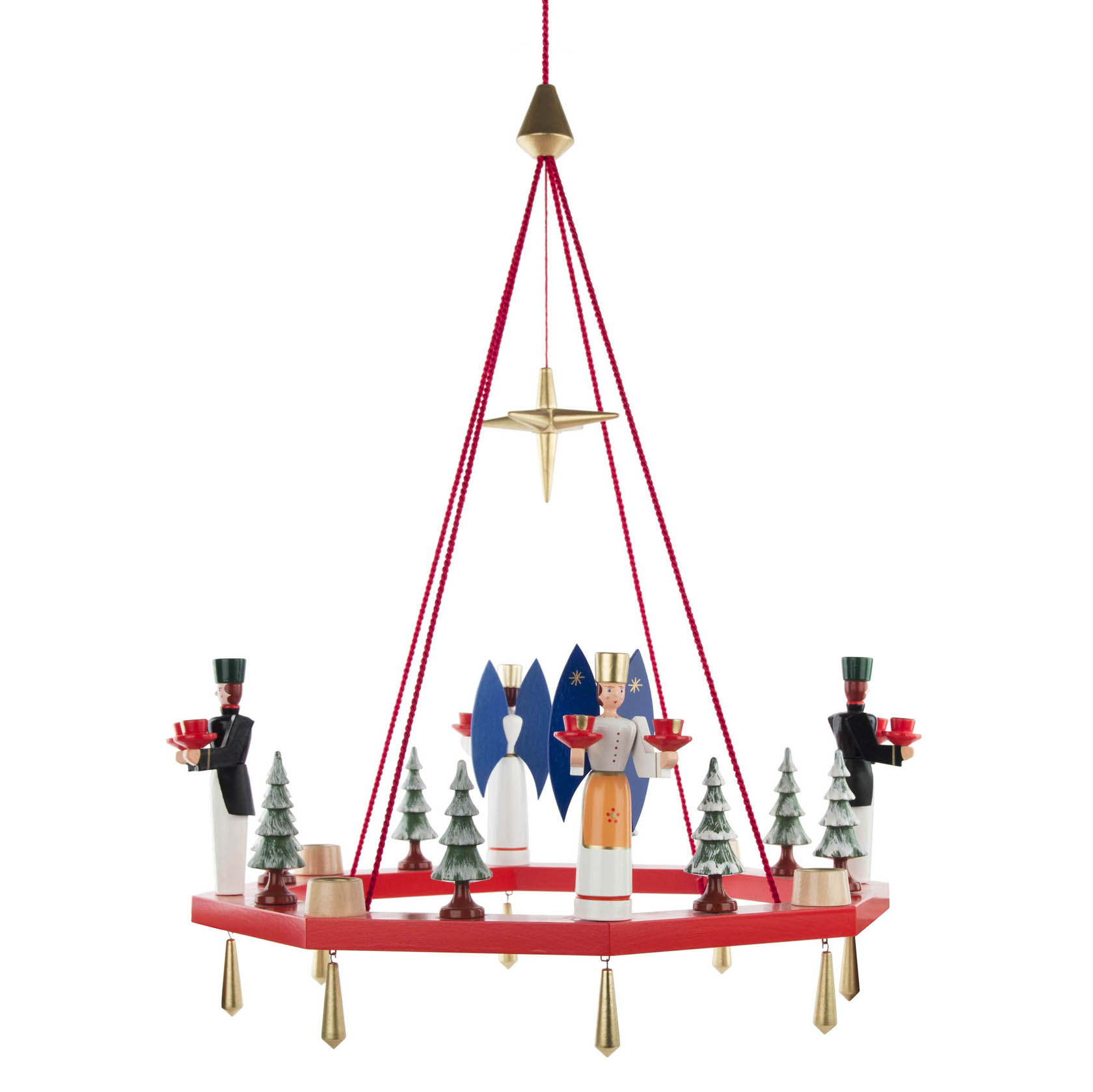 Roter, sechseckiger Hängeleuchter mit Engeln und Bergleuten sowie kleinen Tannenbäumen, goldene aufgehängte Glocken und ein goldener Stern an der Spitze. im Dregeno Online Shop günstig kaufen