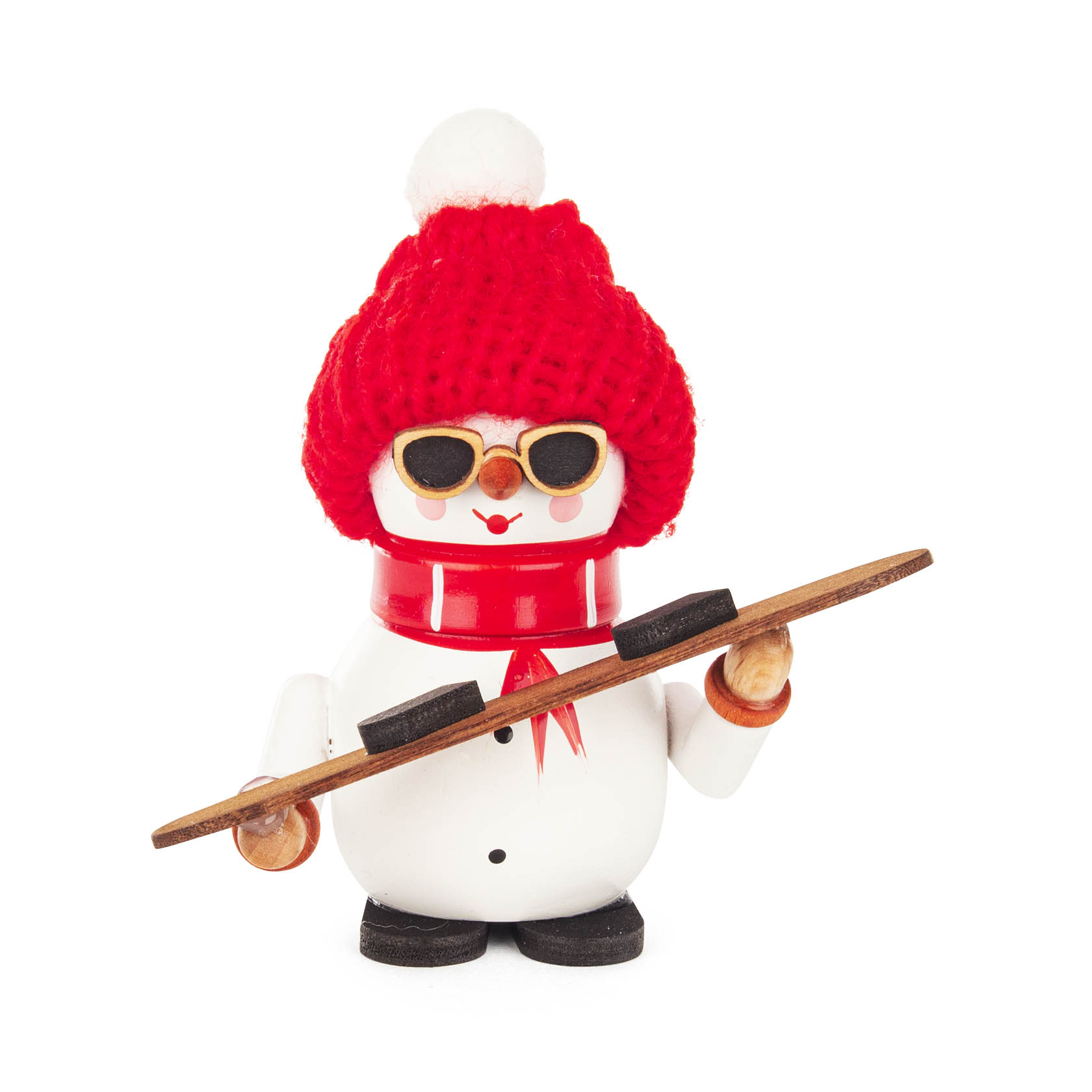 Kleiner Schneemann mit roter Wintermütze, schwarzer Sonnenbrille und rotem Schal, der ein Snowboard in den Händen hält. im Dregeno Online Shop günstig kaufen
