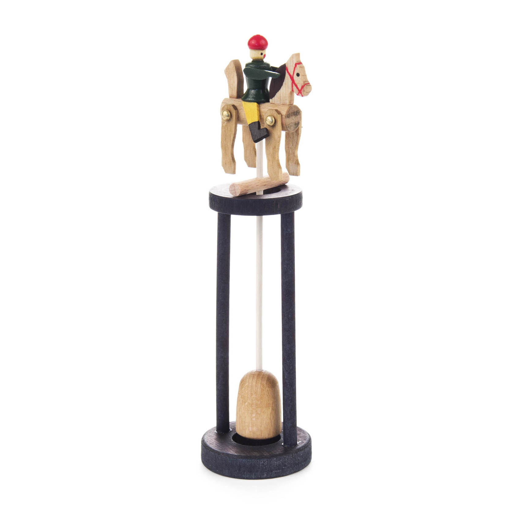 Holzschaukelfigur eines Reiters mit rotem Helm auf einem Pferd, auf einem schwarzen Ständer montiert. im Dregeno Online Shop günstig kaufen