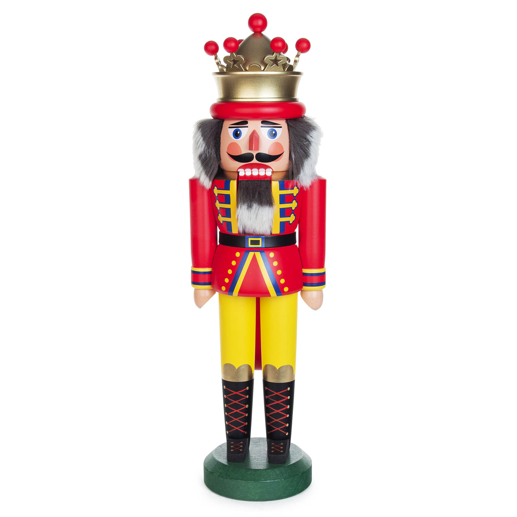 A 42cm tall wooden nutcracker depicting a king. It features a red matte finish with a golden crown, yellow pants, and black boots. im Dregeno Online Shop günstig kaufen