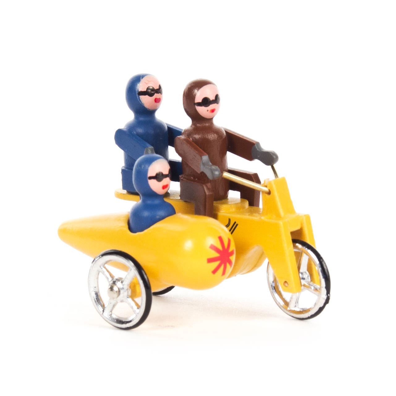 Miniaturmodell eines gelben Doppelsitzermotorrads mit Seitenwagen. Drei Figuren tragen farbige Anzüge und Helme, eine im Seitenwagen. im Dregeno Online Shop günstig kaufen
