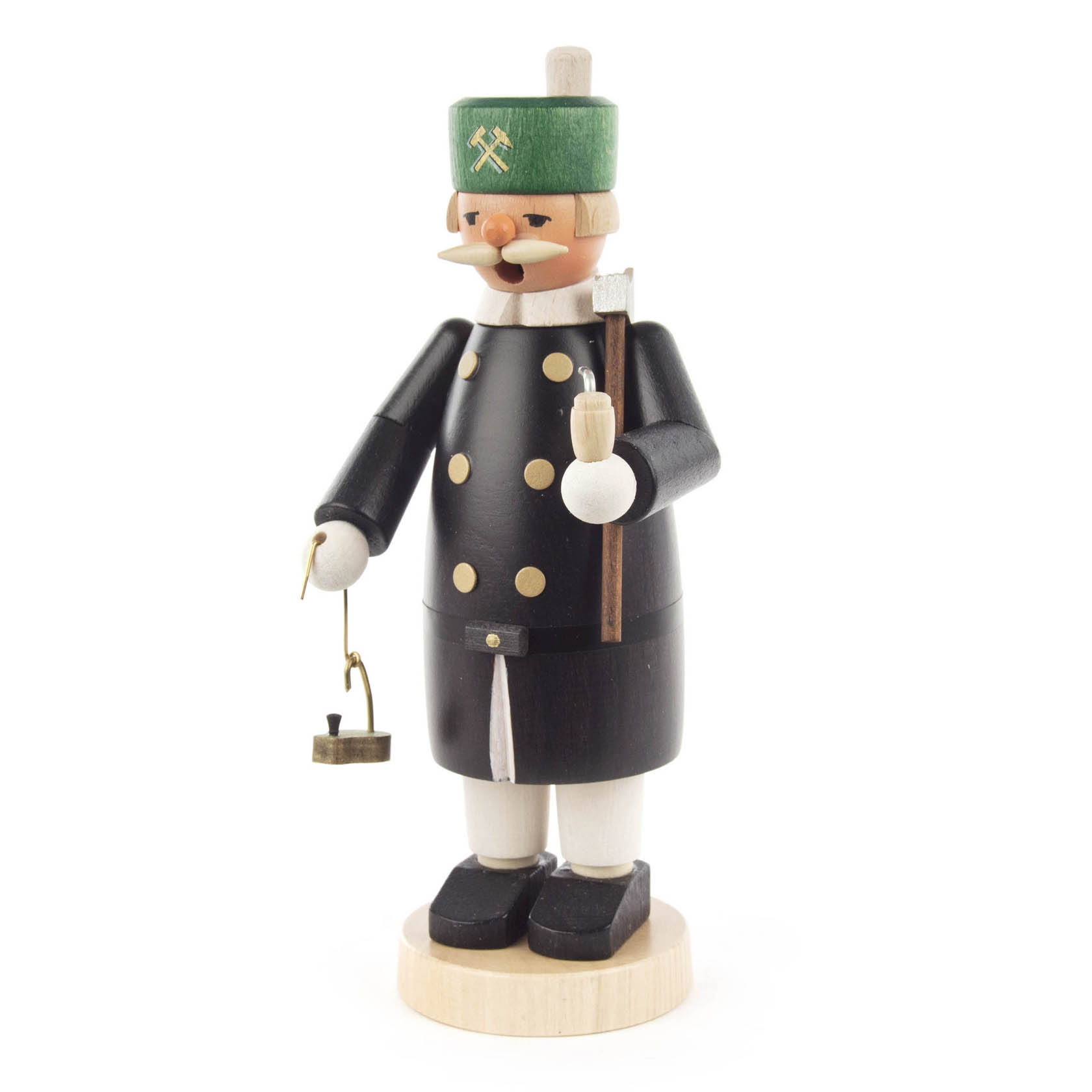 Ein traditioneller Räuchermann in der Gestalt eines Bergmanns mit grünem Hut und schwarzer Bergmannskleidung, der eine kleine Bergmannslampe hält. im Dregeno Online Shop günstig kaufen