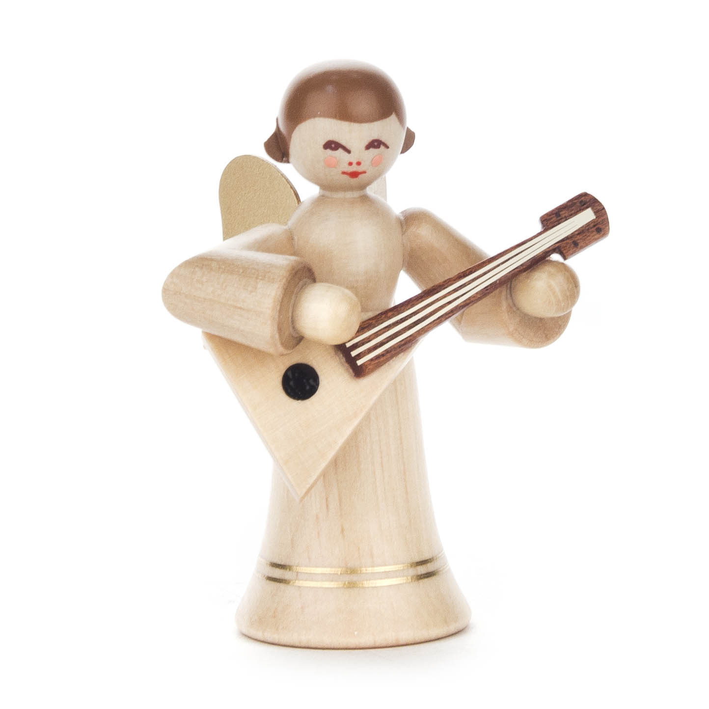 Wooden angel figurine with a simple face and rosy cheeks, playing a balalaika, wearing a long natural-colored robe with gold trim. im Dregeno Online Shop günstig kaufen