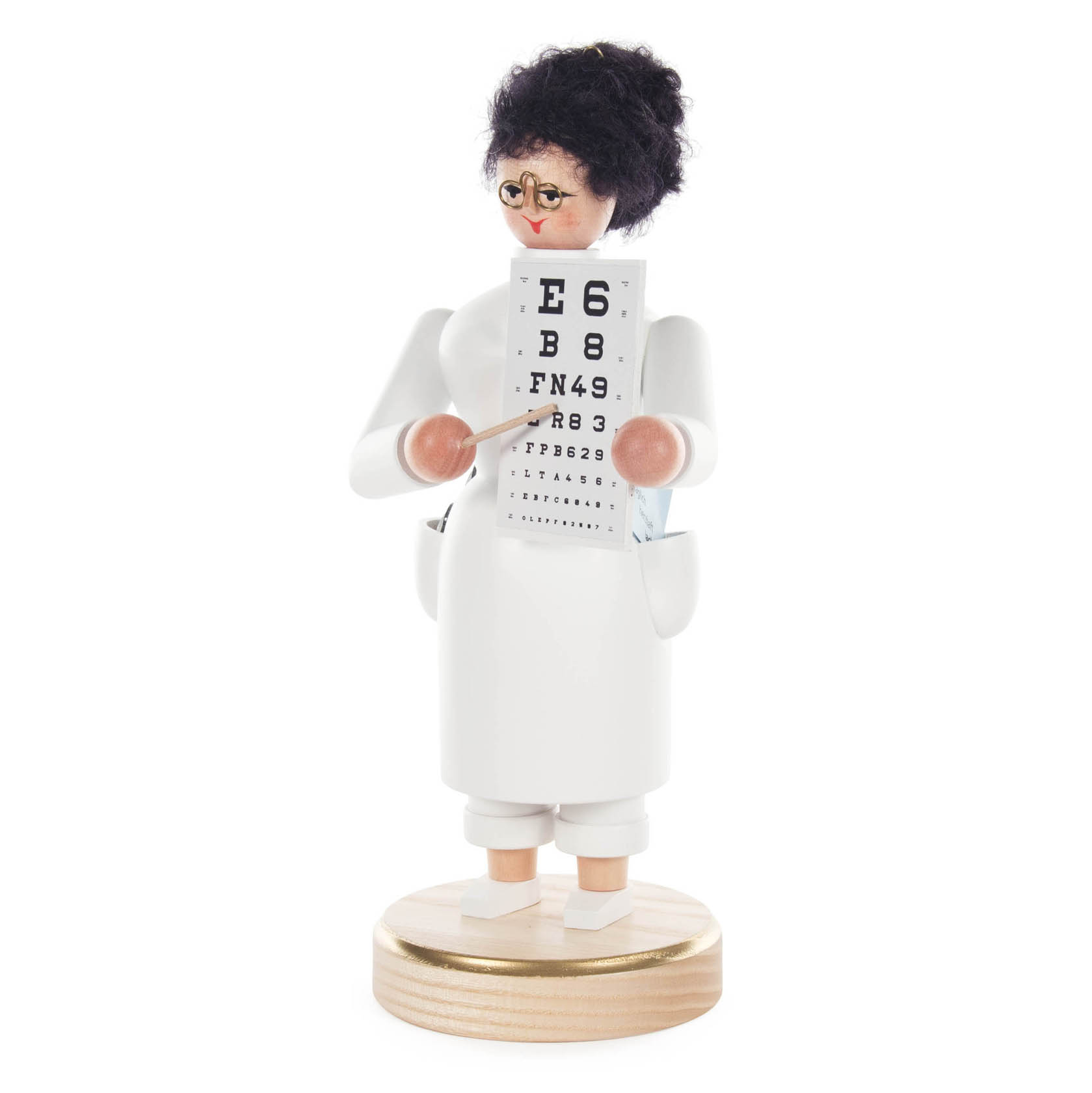 A wooden incense smoker figure depicting a female eye doctor holding an eye chart, wearing glasses and a white coat.