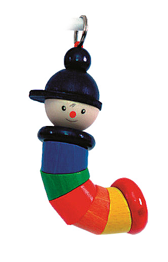Bunter Holz-Schlüsselanhänger in Form einer lächelnden Figur mit Hut, bestehend aus bunten, aufeinander gereihten Scheiben. im Dregeno Online Shop günstig kaufen