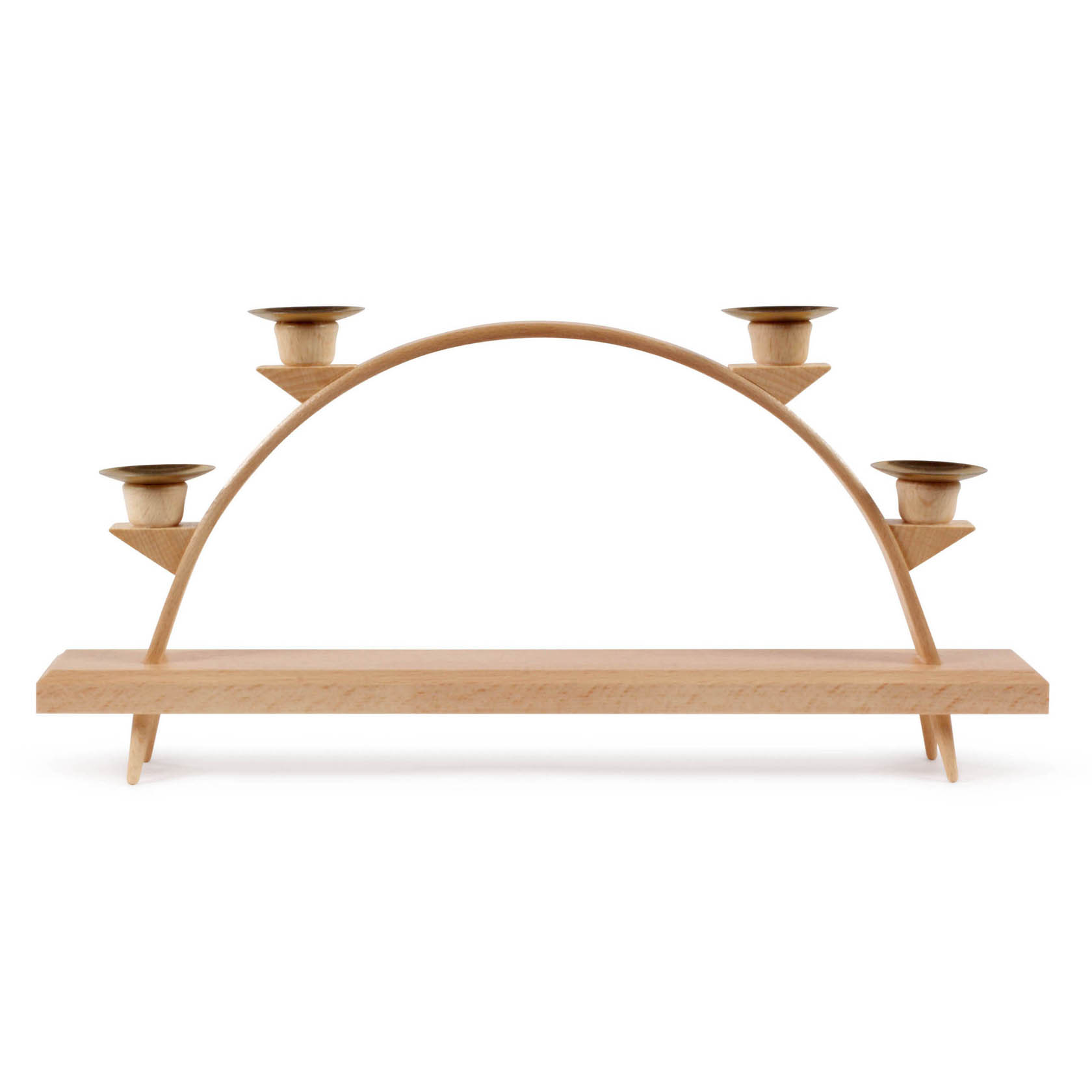 Ein unbestückter Schwibbogen aus Holz für vier Pyramidenkerzen. Der Bogen hat eine geschwungene Form mit jeweils zwei Kerzenhaltern auf jeder Seite. im Dregeno Online Shop günstig kaufen