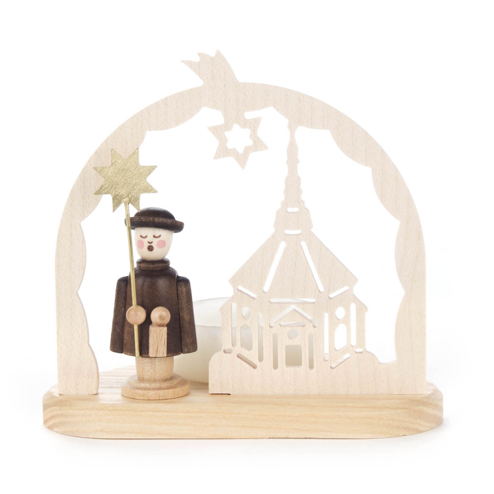 Teelichthalter aus Holz mit Kurrendefigur, die einen Stern hält, und filigraner Silhouette der Seiffener Kirche. im Dregeno Online Shop günstig kaufen