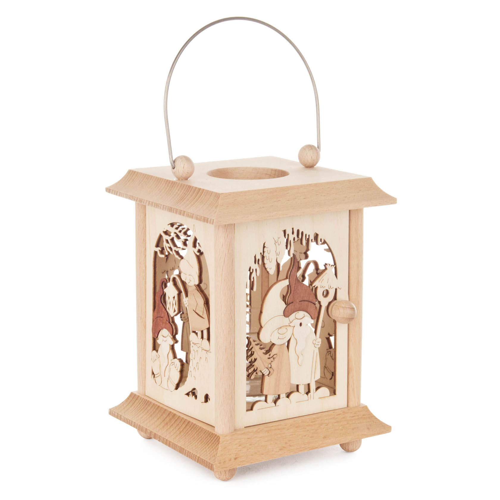 Holzlaterne mit geschnitzten Wichtelmotiven für Teelicht oder Votivkerze, quadratischer Rahmen und Tragegriff. im Dregeno Online Shop günstig kaufen